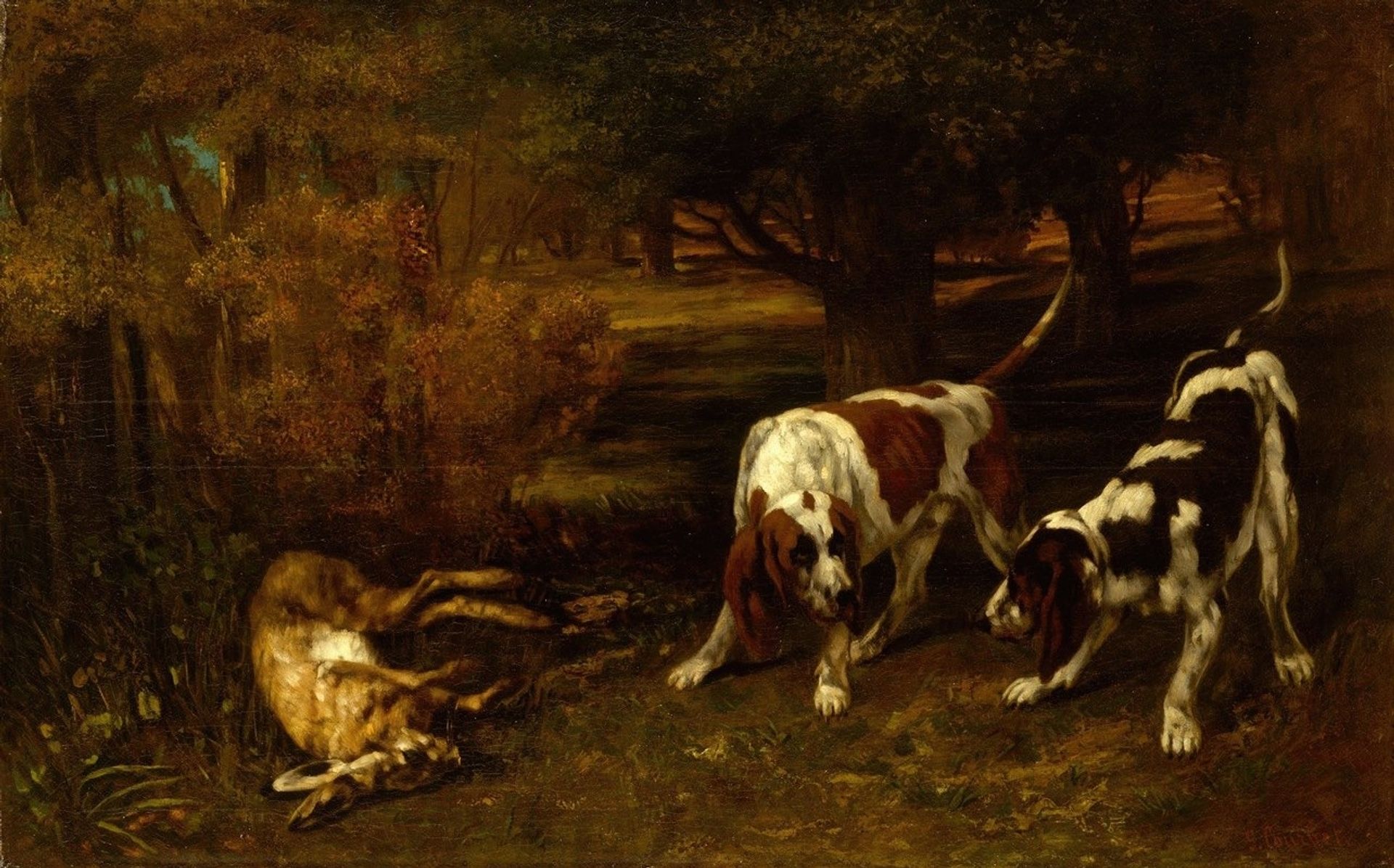 Hunting Dogs with Dead Hare by Gustave Courbet
