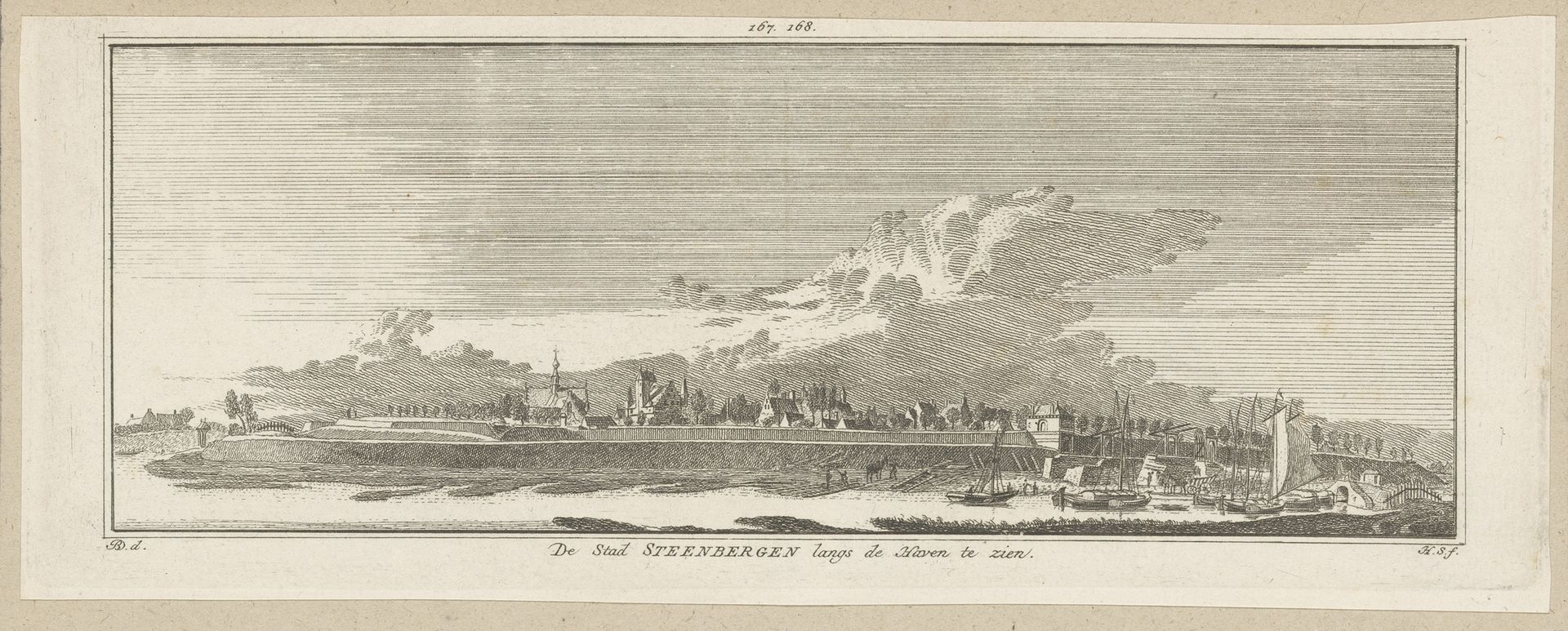 Gezicht op de overblijfselen van een oude toren en gezicht op het stadhuis en de kerk, te Steenbergen by Hendrik Spilman
