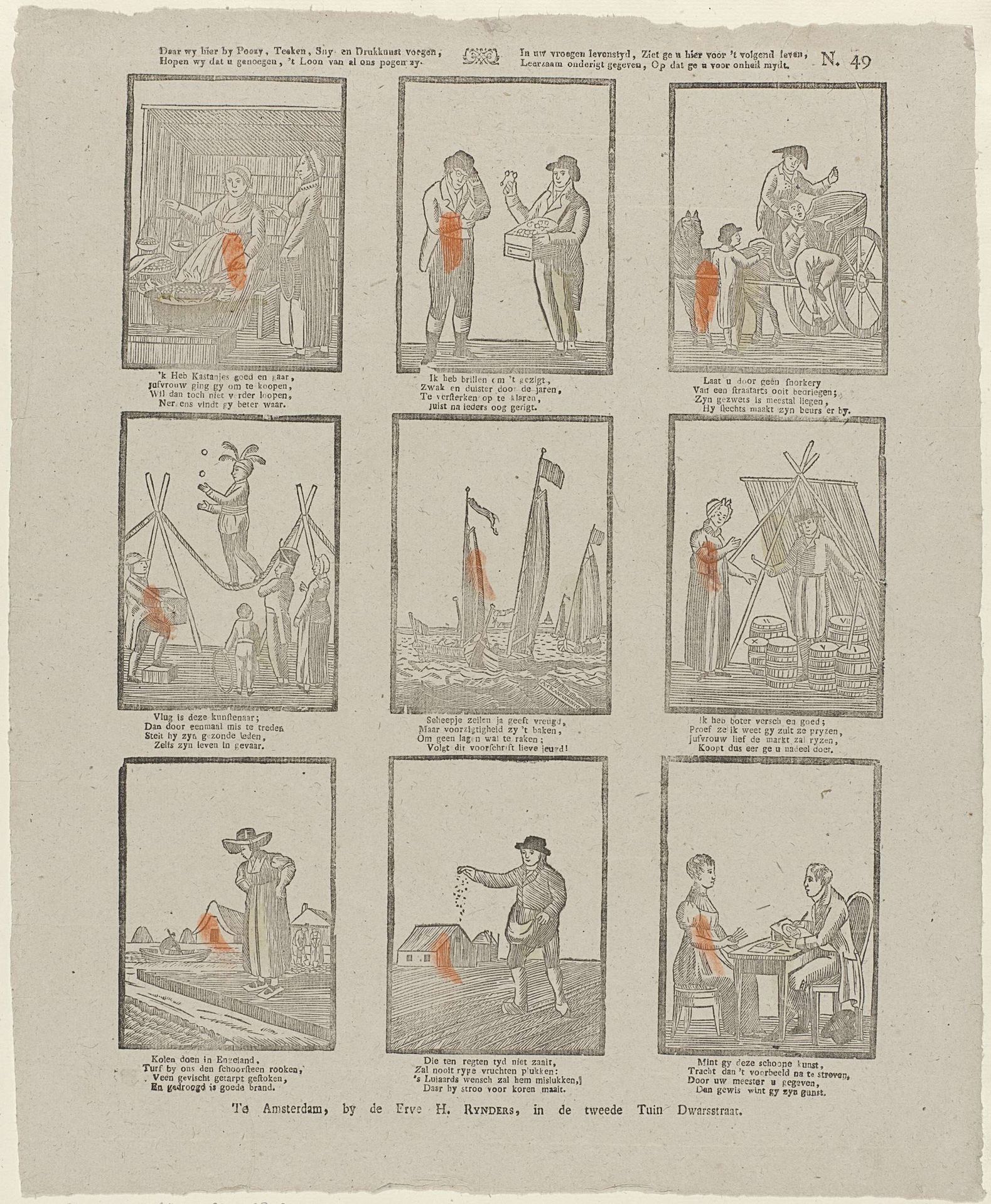 Daar wy hier by poezy, teeken, sny en drukkunst voegen, / Hopen wy dat u genoegen, 't loon van al ons pogen zy. / In uw vroegen levenstyd, ziet ge u hier voor 't volgend leven, / Leerzaam onderigt gegeven, op dat ge u voor onheil mydt by Alexander Cranendoncq