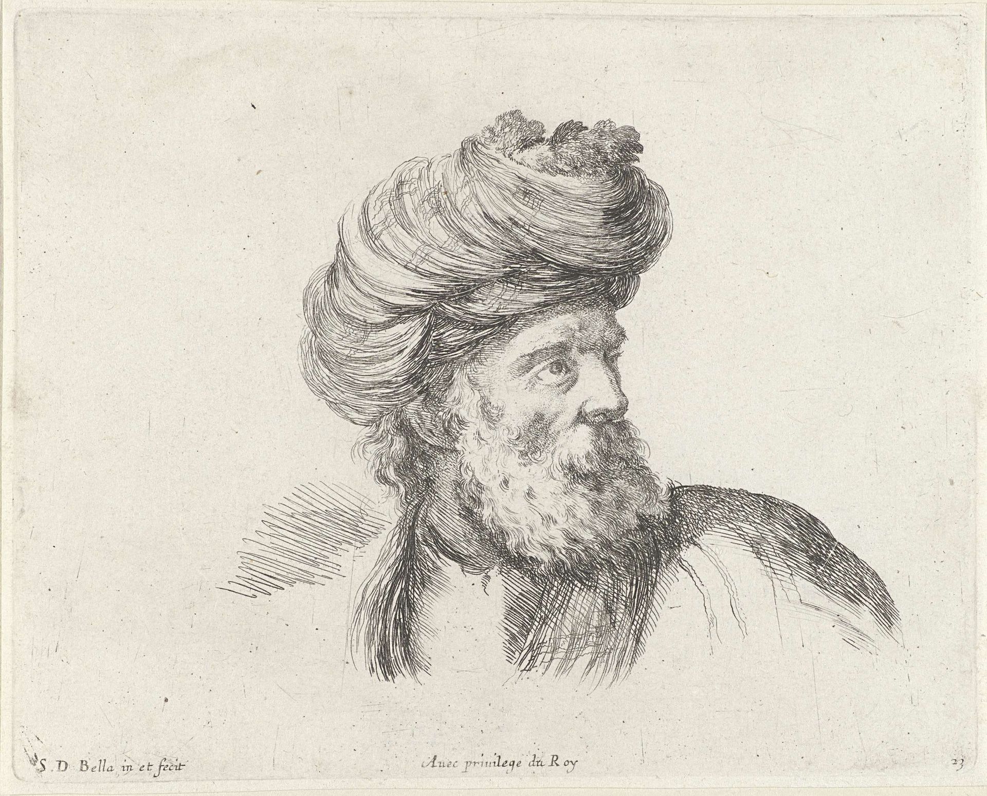 Hoofd van een Turkse man met baard en tulband, naar rechts gewend by Stefano della Bella