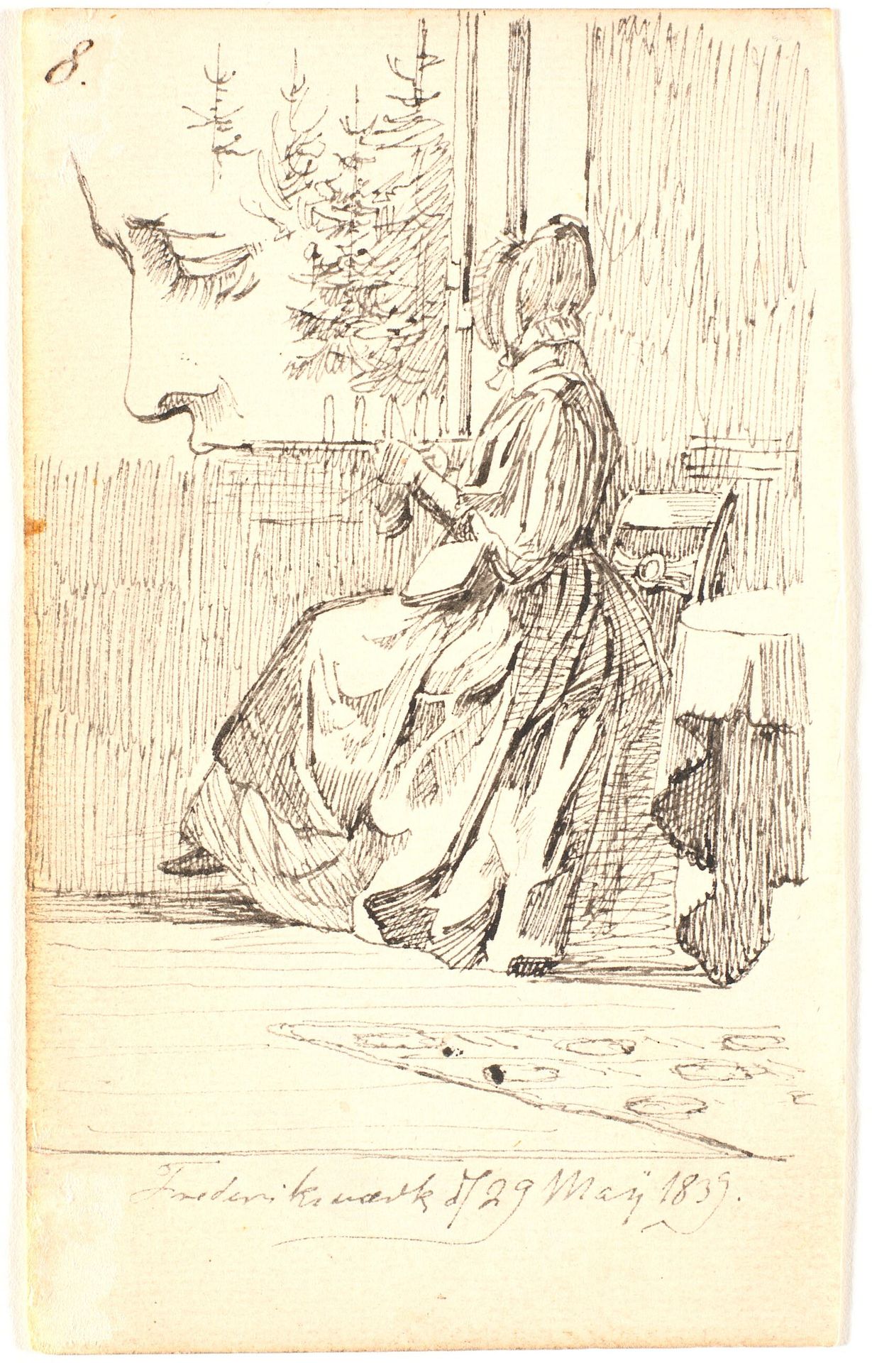 Strikkende dame (Lundbyes mor?) ved vindue med udsigt over grantræer, samt profilstudie by Johan Thomas Lundbye