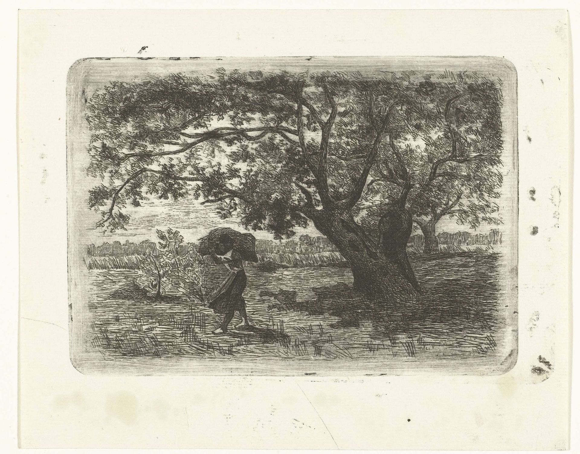 Landschap met bomen en vrouw met takkenbos by Johanna Henriëtte Besier