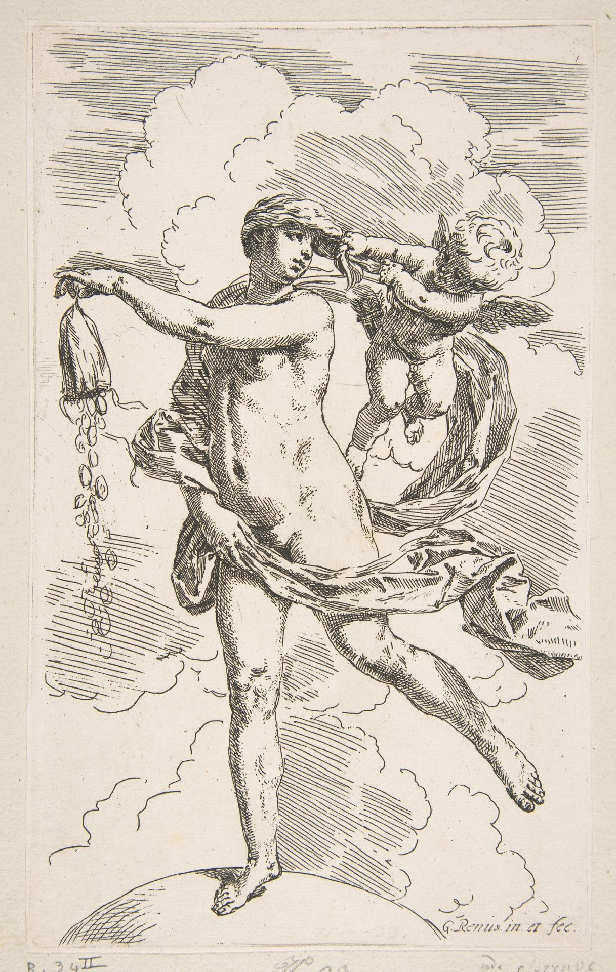 Fortune standing on a globe emptying a purse of coins by Simone Cantarini