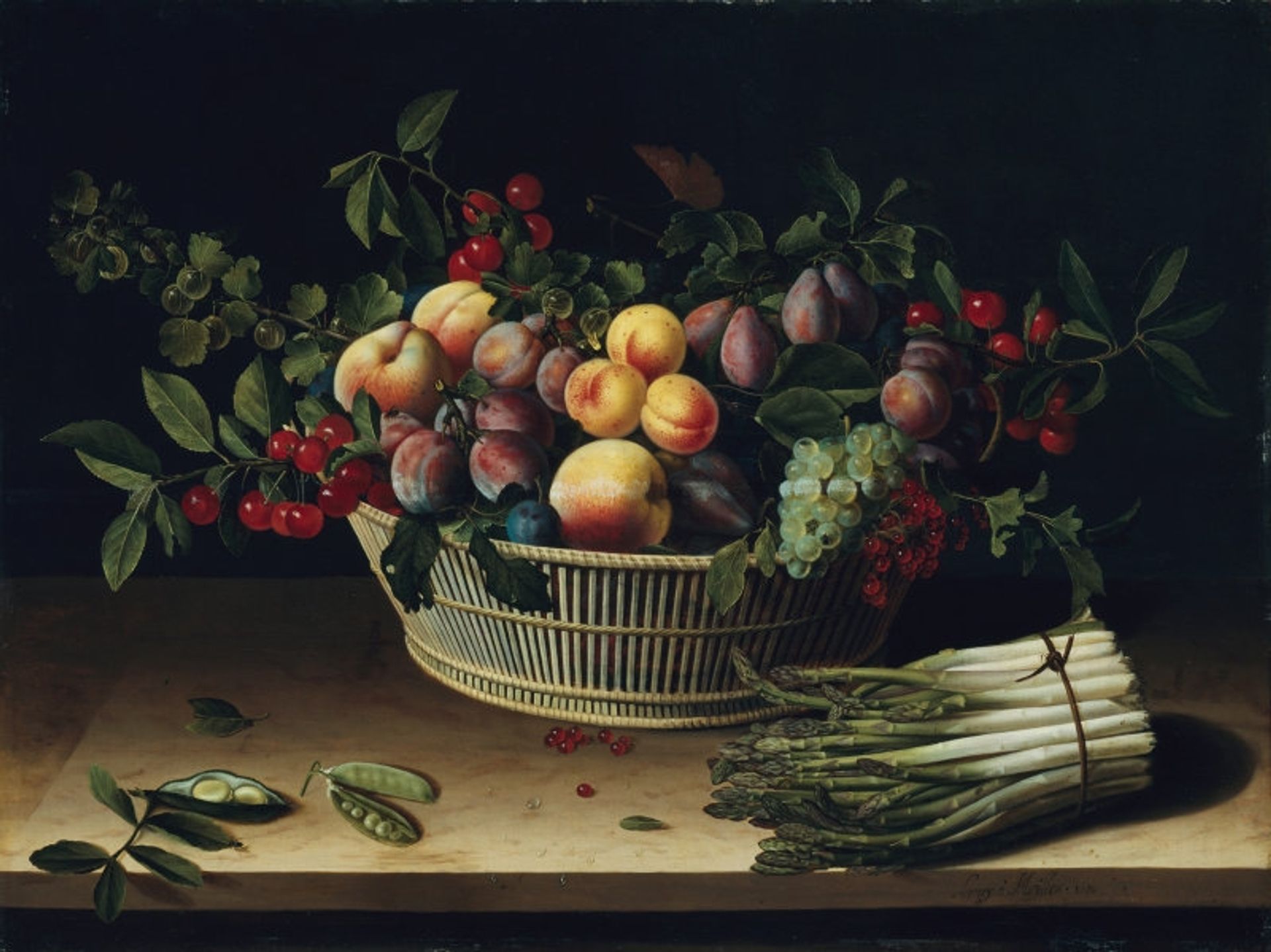 Still Life with a Basket of Fruit and a Bunch of Asparagus by Louise Moillon