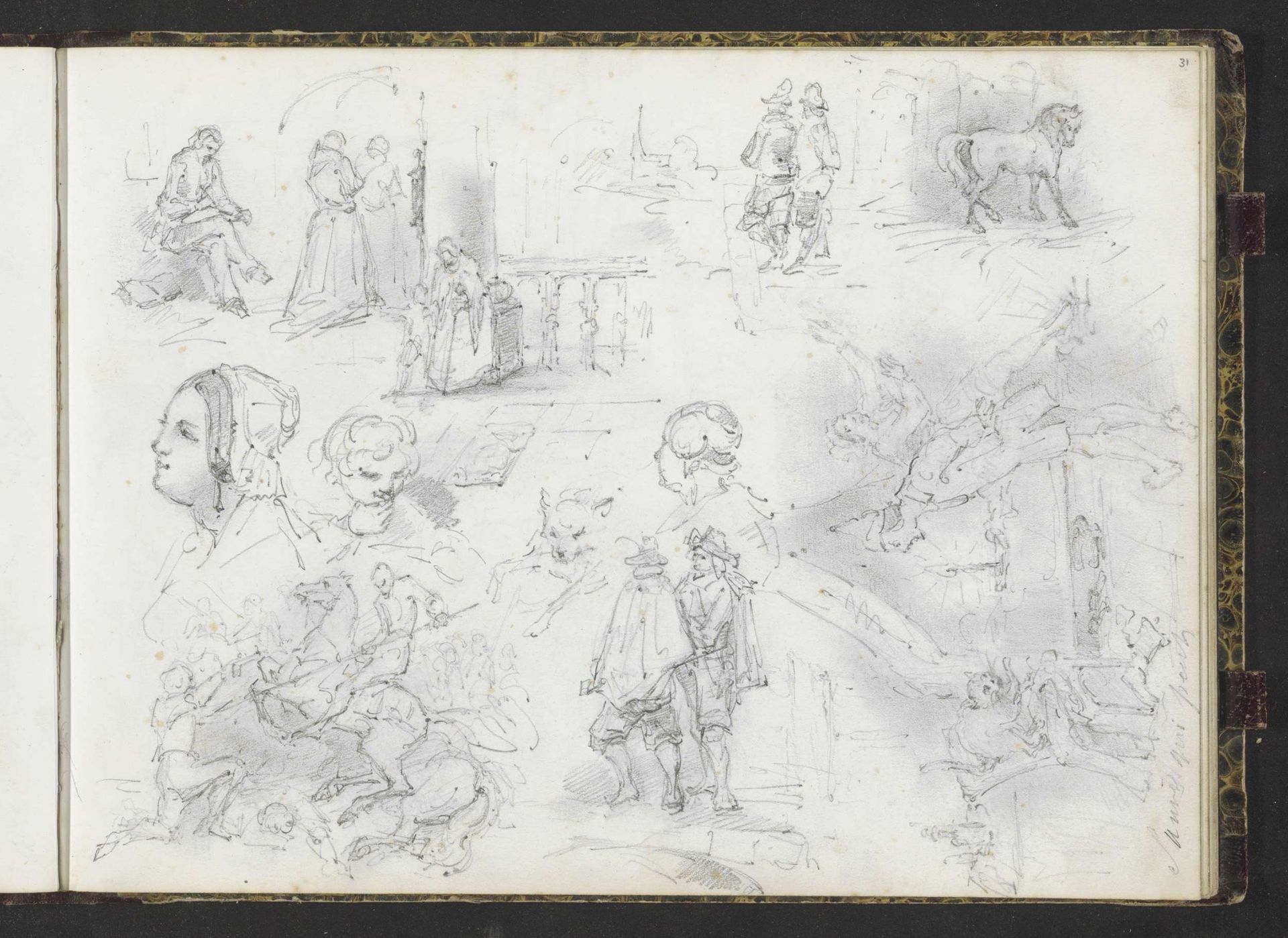 Studieblad met een gevecht, monniken en figuren in historisch kostuum by Lambertus Lingeman