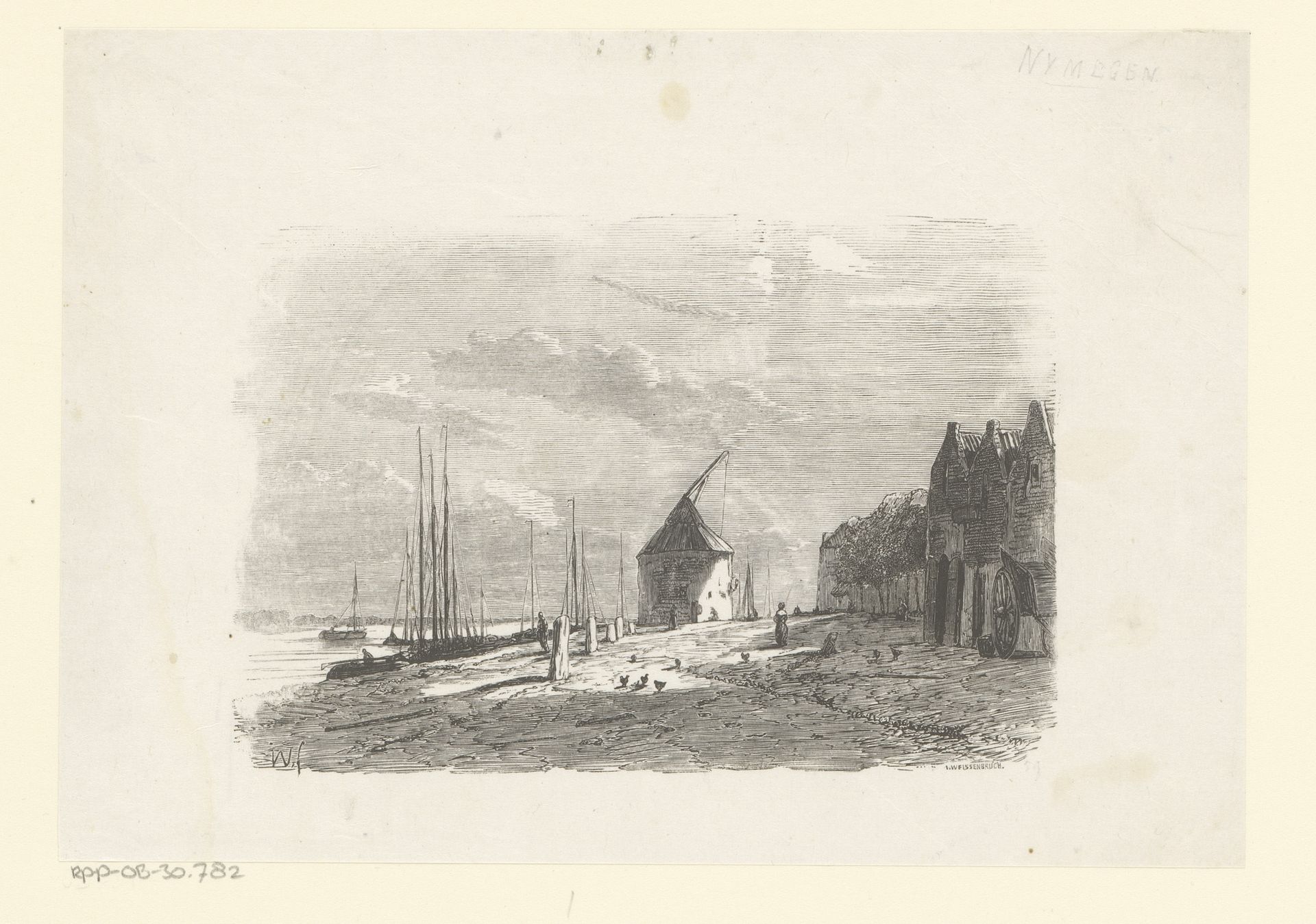 Strandgezicht met huizen aan het water en schepen by Isaac Weissenbruch