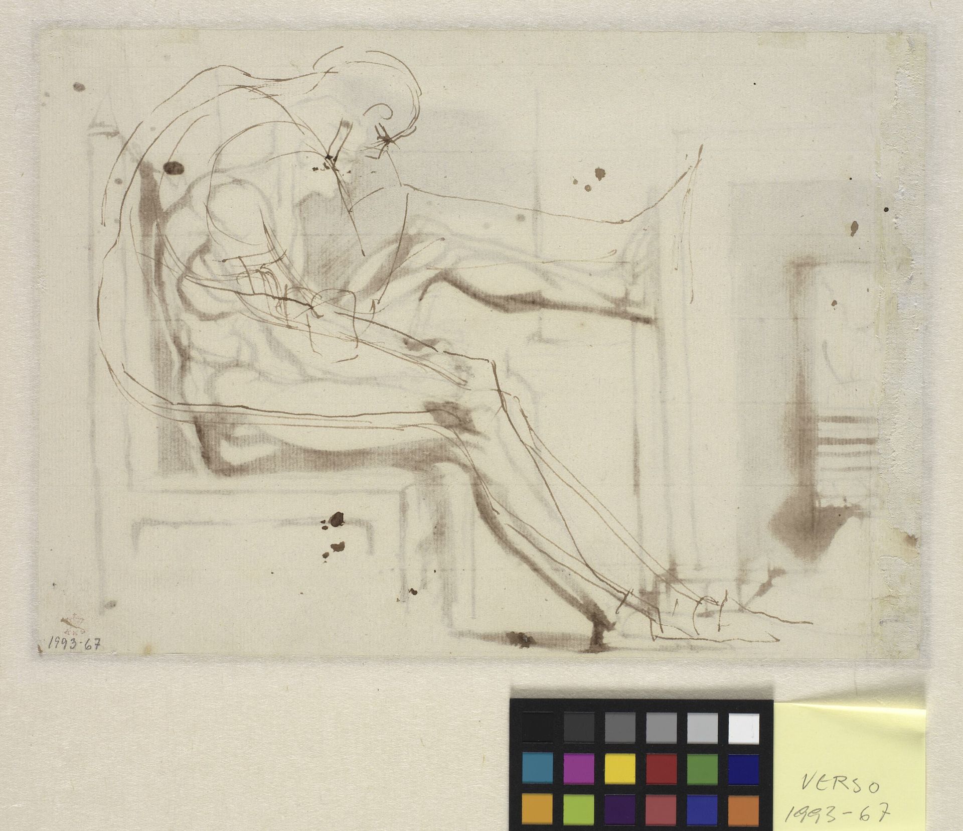 Sitting man with his right foot on a chimneypiece. Study for the figure on the recto by Johann Heinrich Füssli