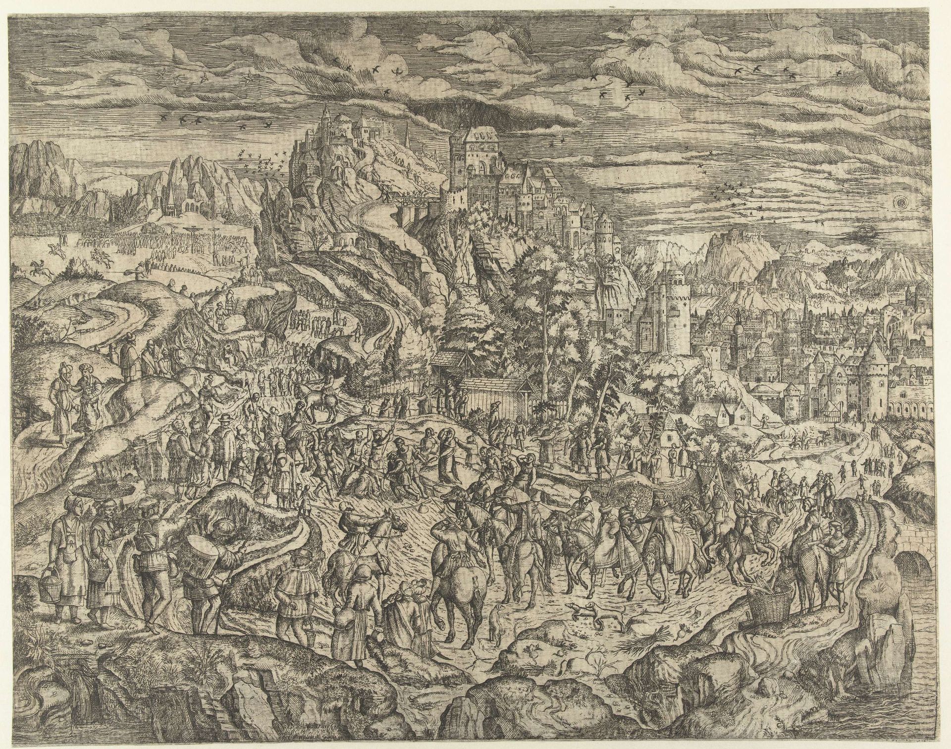 Landschap met Kruisdraging by Herri met de Bles