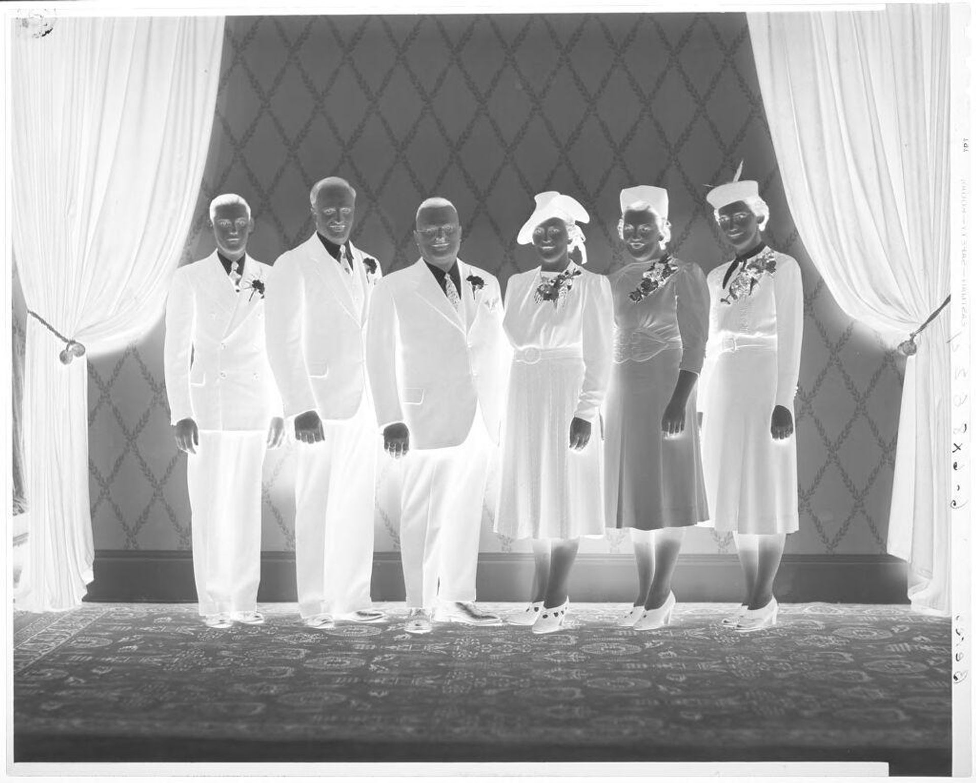 Untitled (group portrait: three men and three women between curtains) by John Deusing