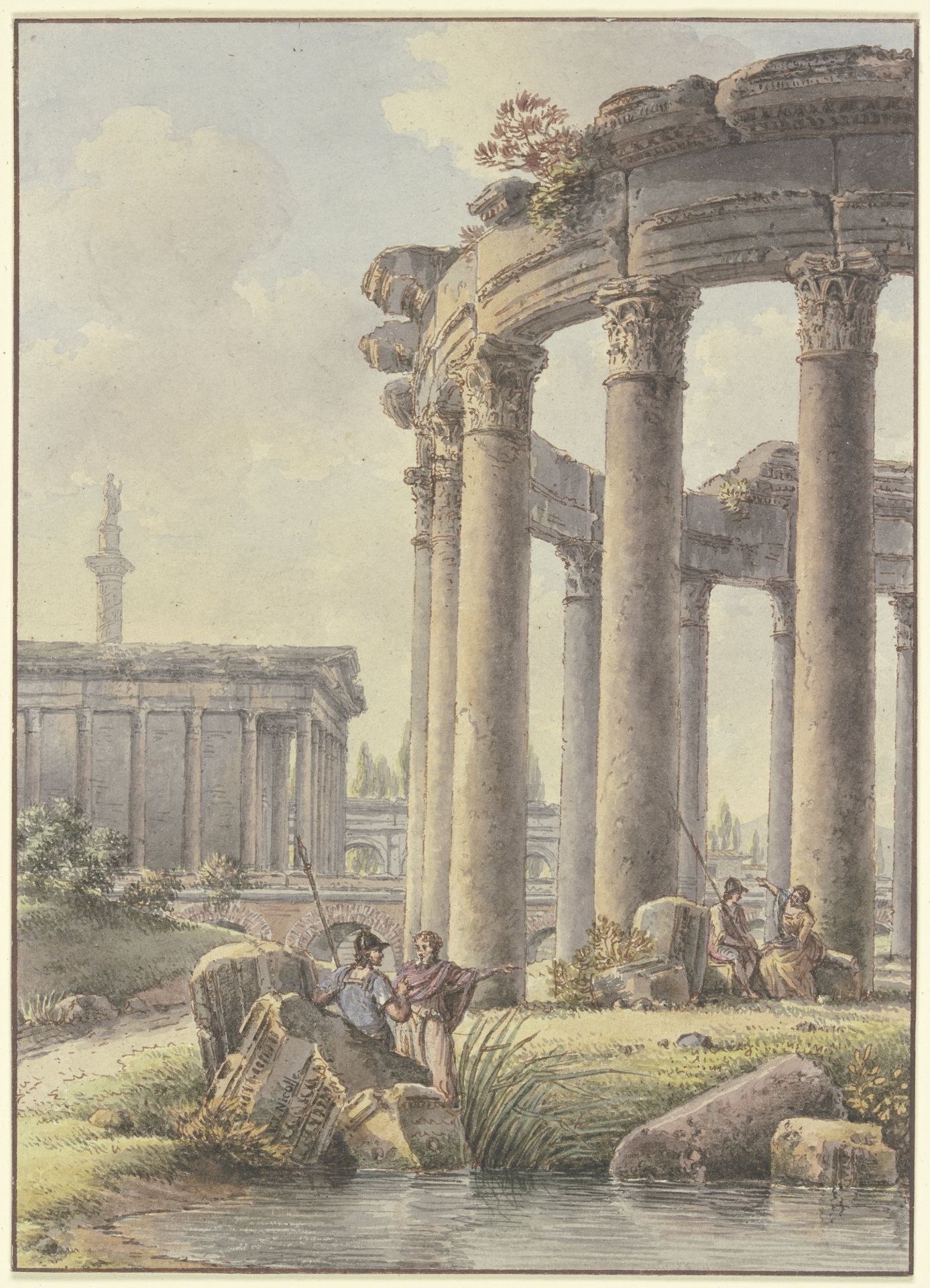 Architektonisches Capriccio_ Ruinen eines Rundtempels, im Hintergrund die Trajansäule by Victor Jean Nicolle