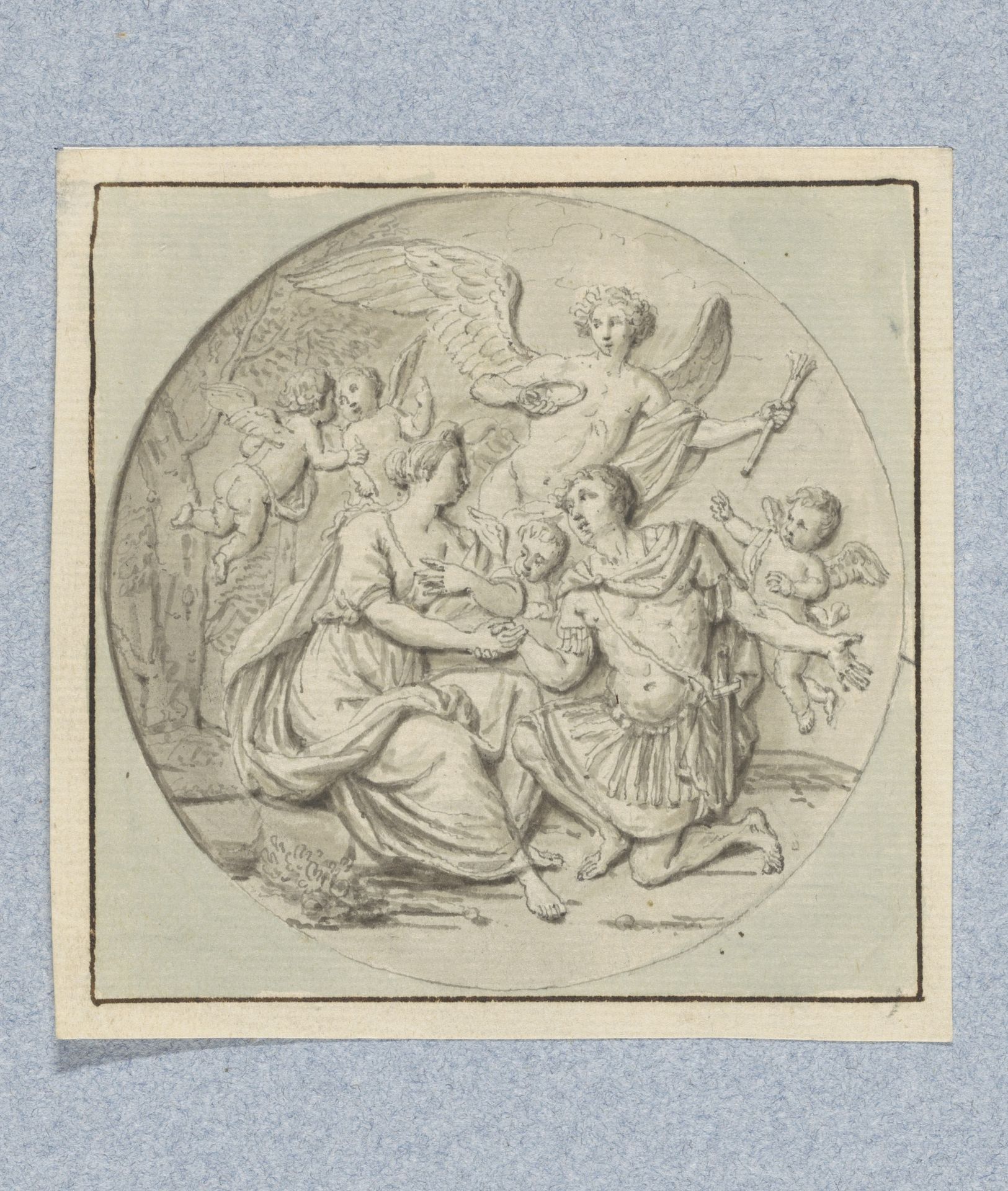 Militair knielt voor een vrouw en wordt door Hymenaeus gekroond (in doos met 43 tekeningen) by Louis Fabritius Dubourg