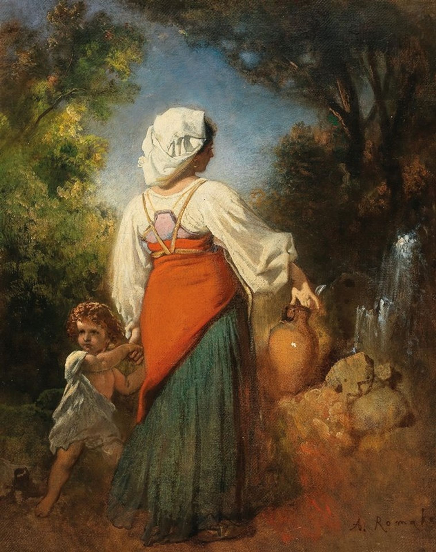 Italienerin mit Kind am Brunnen by Anton Romako