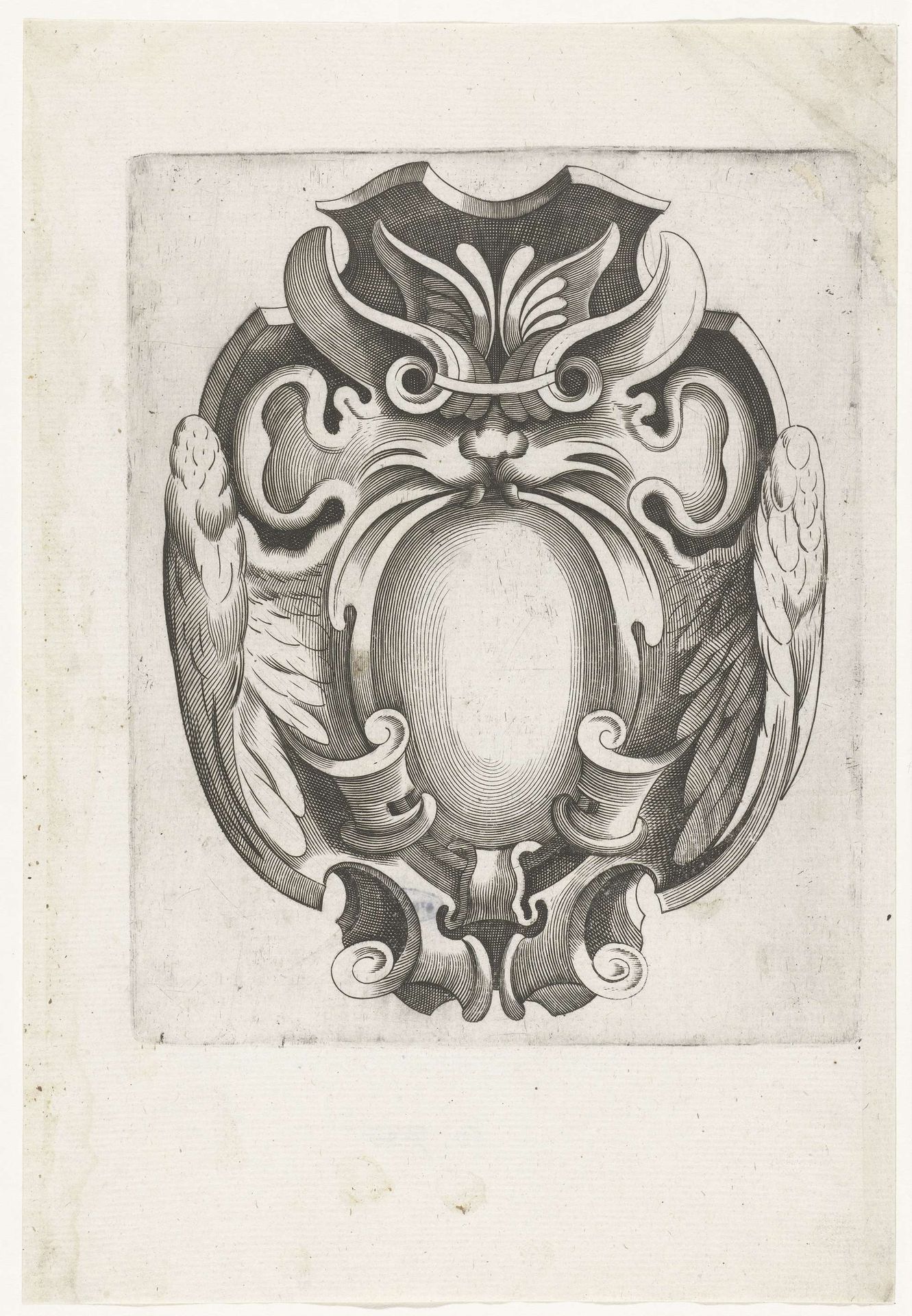Cartouche in de vorm van een gevleugeld mascaron by H. Picart