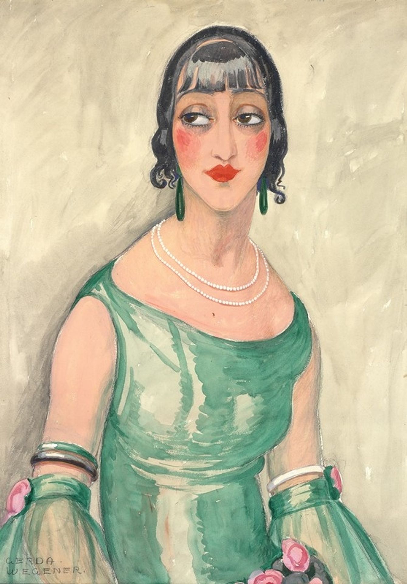 Portrait of a woman in green dress and pearls by Gerda Wegener