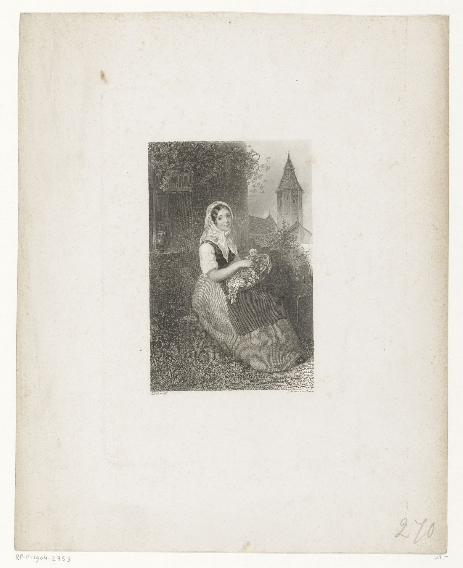 Meisje zittend voor een huis, een mand met bloemen op haar schoot by Josef Axmann