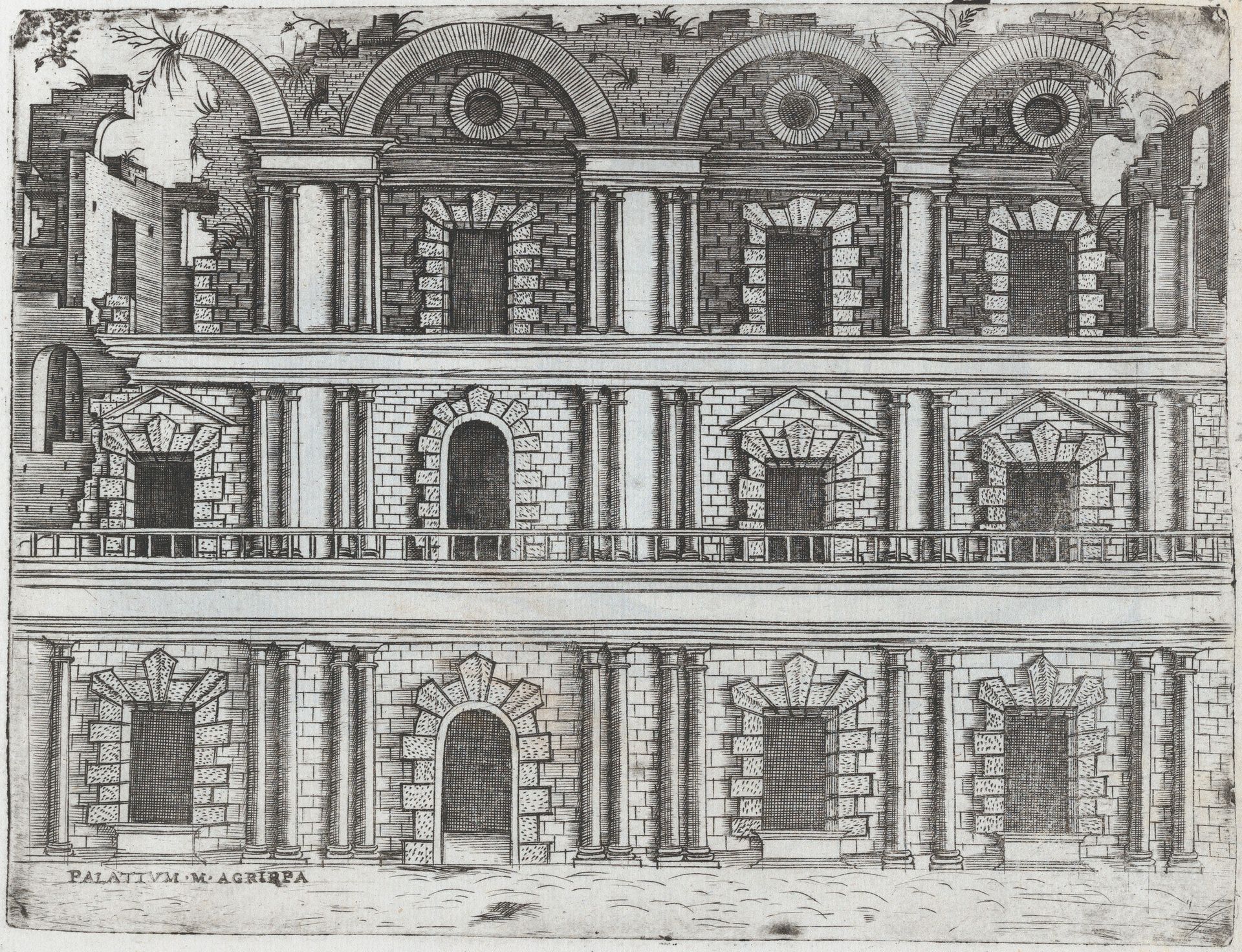 Arcus Vespasiani, from a Series of Prints depicting (reconstructed) Buildings from Roman Antiquity by Monogrammist G.A. & the Caltrop
