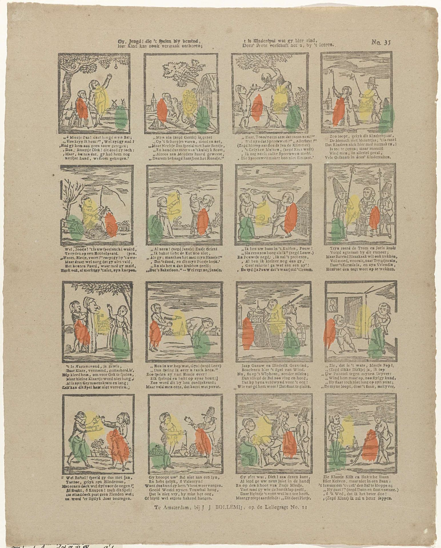 Gy, jeugd! die 't spelen bly bemind, / Het kind kan nooit vermaak ontberen; / t is kinderspel wat gy hier vind, / Deez' prent verschaft het u, by 't leeren by J.J. Bollemij