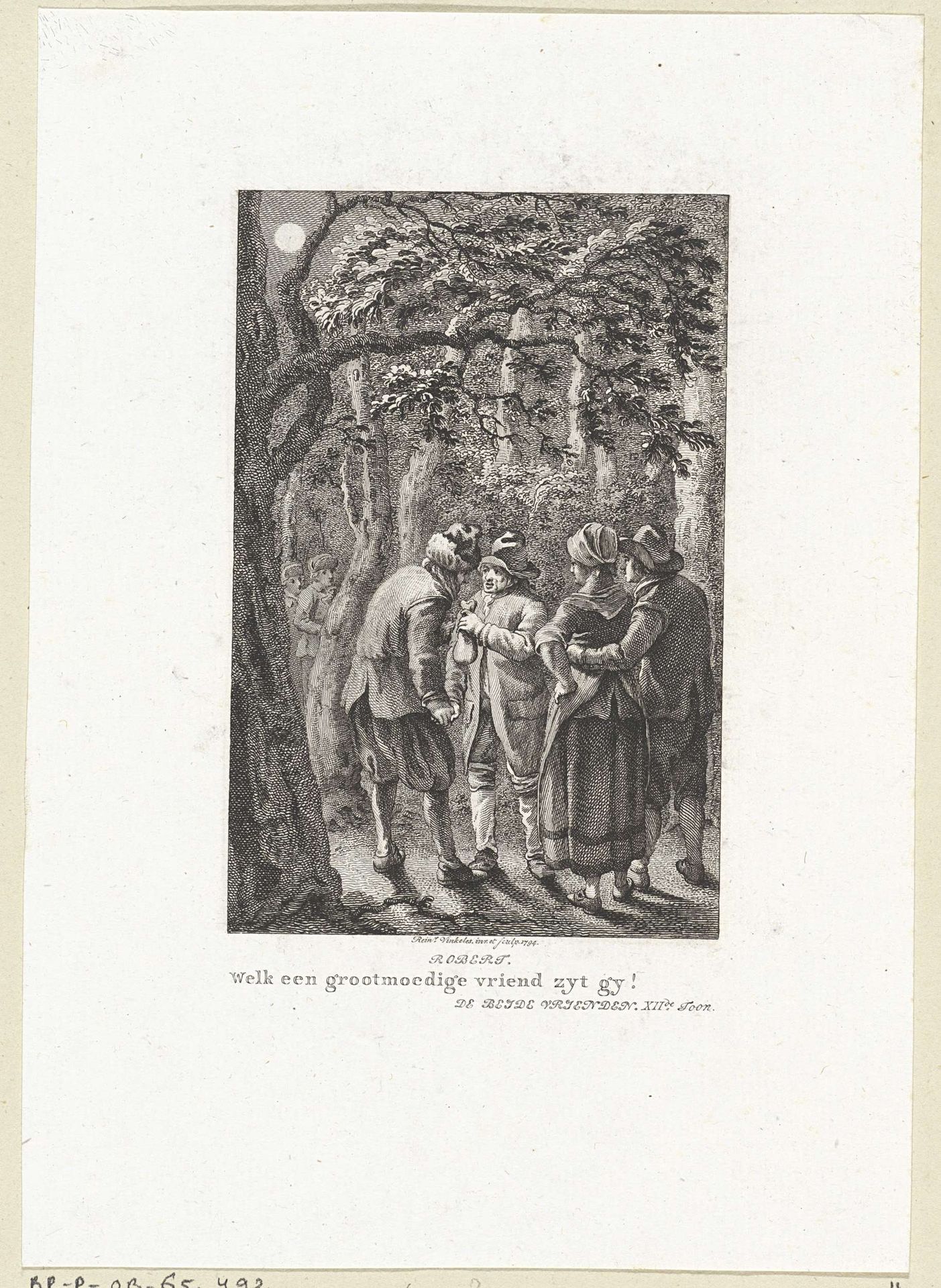 Nachtgezicht met figuren met een geldzak by Reinier Vinkeles