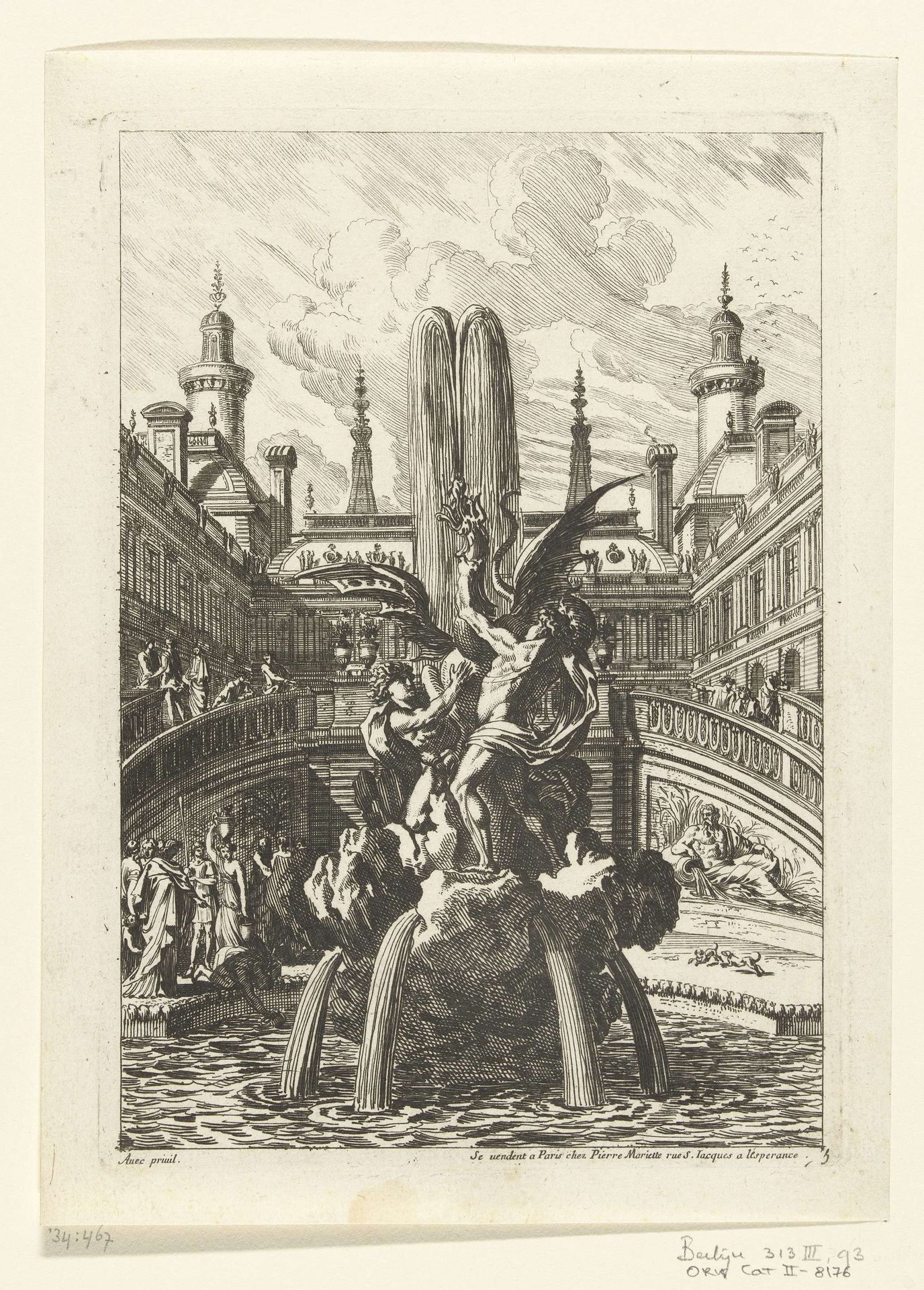 Fontein met twee mannen die een draak vasthouden by Jean Lepautre
