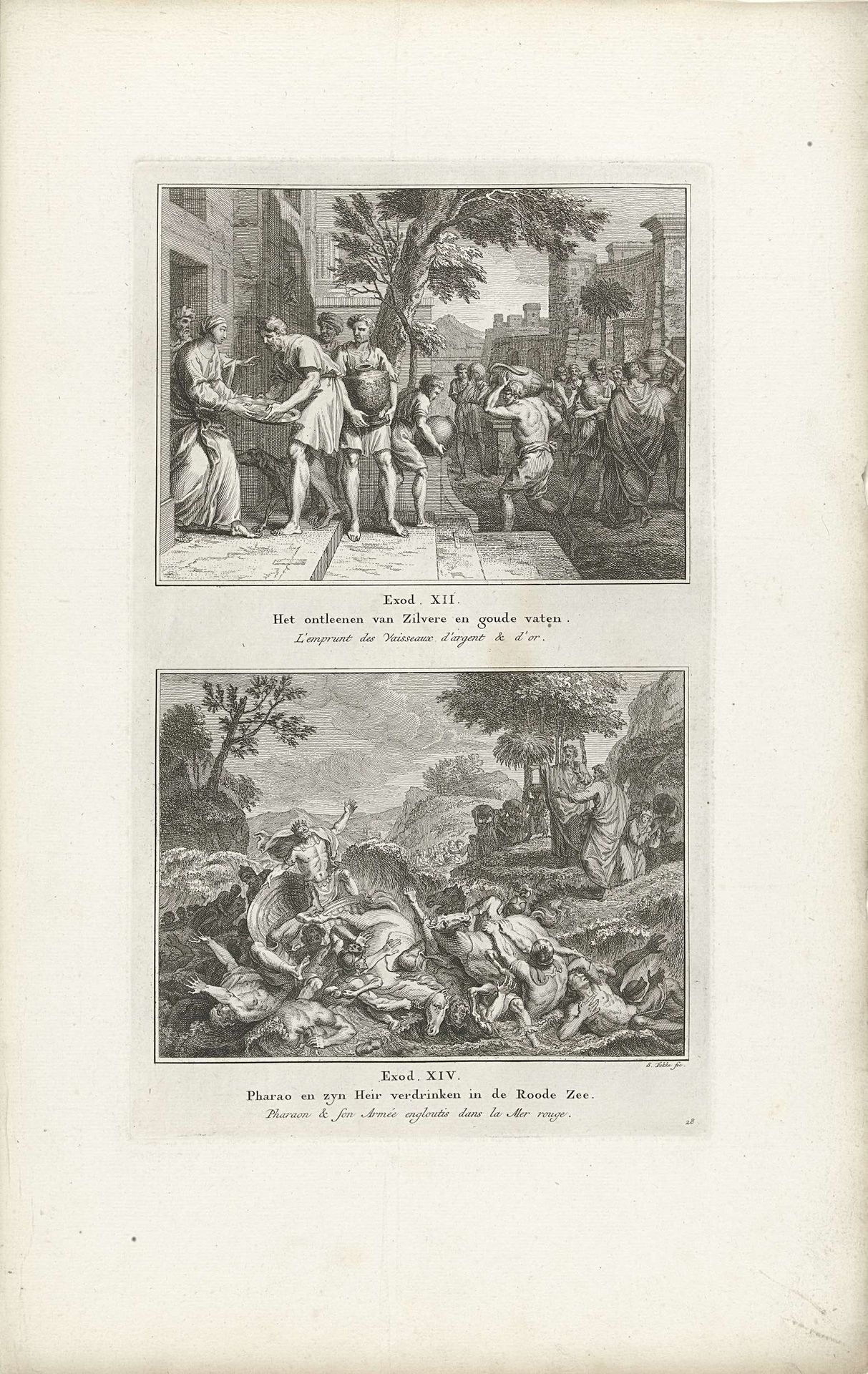 Overhandiging van gouden en zilveren vaten en 
de farao verdrinkt by Simon Fokke