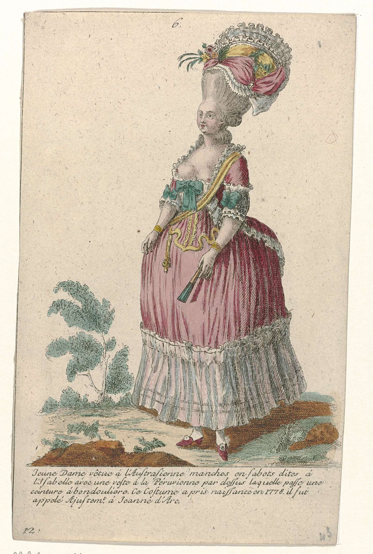 Gallerie des Modes et Costumes Français, 1785, nr. 6, nr.12, Kopie naar P 86 : Jeune Dame vêtue à l'Austrasienn (...). by Pierre Gleich