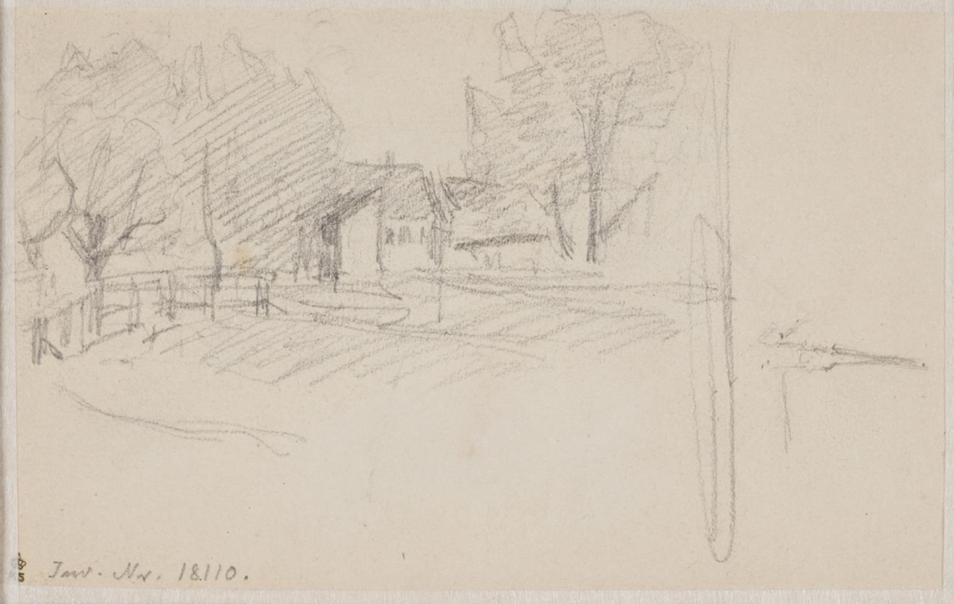 Blyantsstudie af huse og store træer by Albert Gottschalk