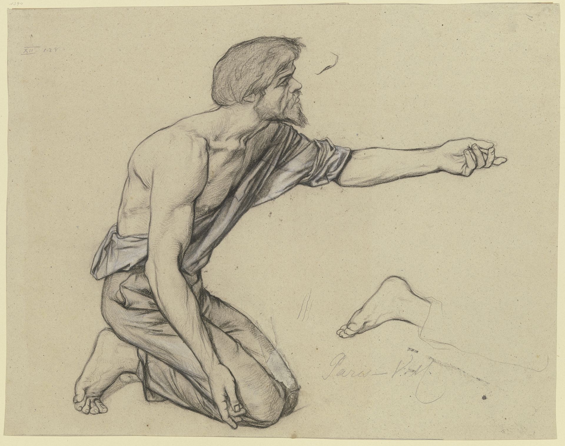 Kniender Bettler, die Linke austreckend, daneben ein einzelner Fuß, aus dem _Gastmahl des Reichen_ by Victor Müller