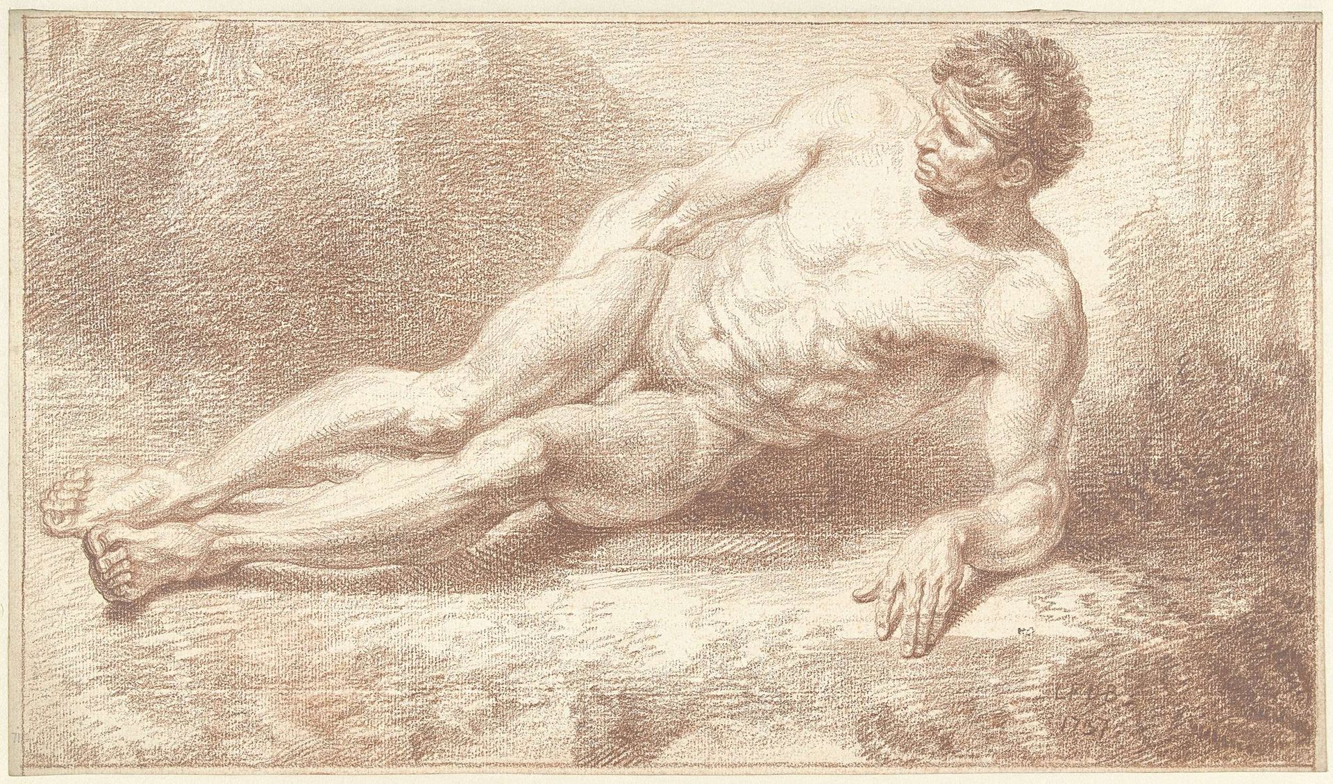Mannelijk naakt, liggend op de zij, steunend op de linkerarm by Louis Fabritius Dubourg