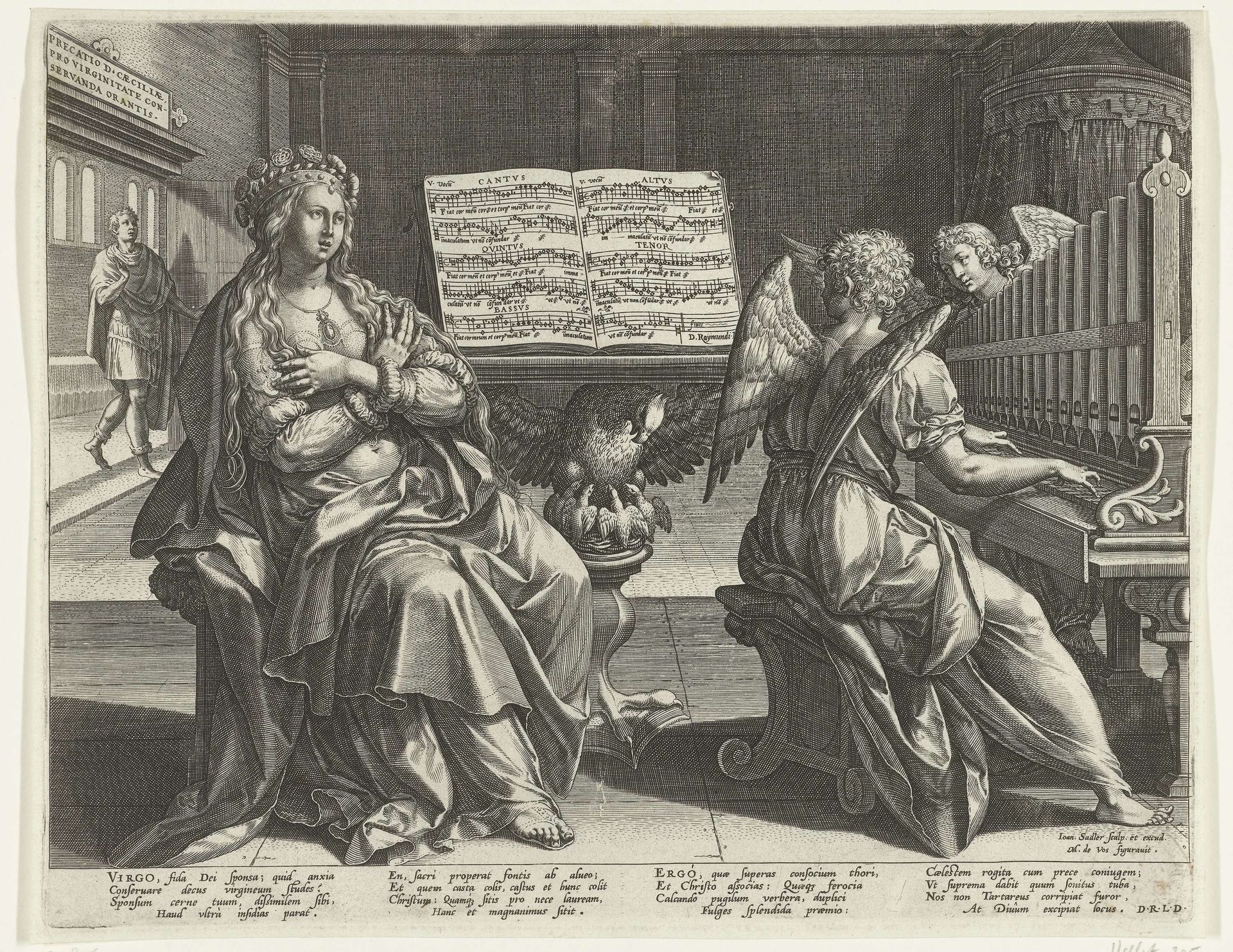 Heilige Cecilia en een engel die het orgel bespeelt by Johann Sadeler I