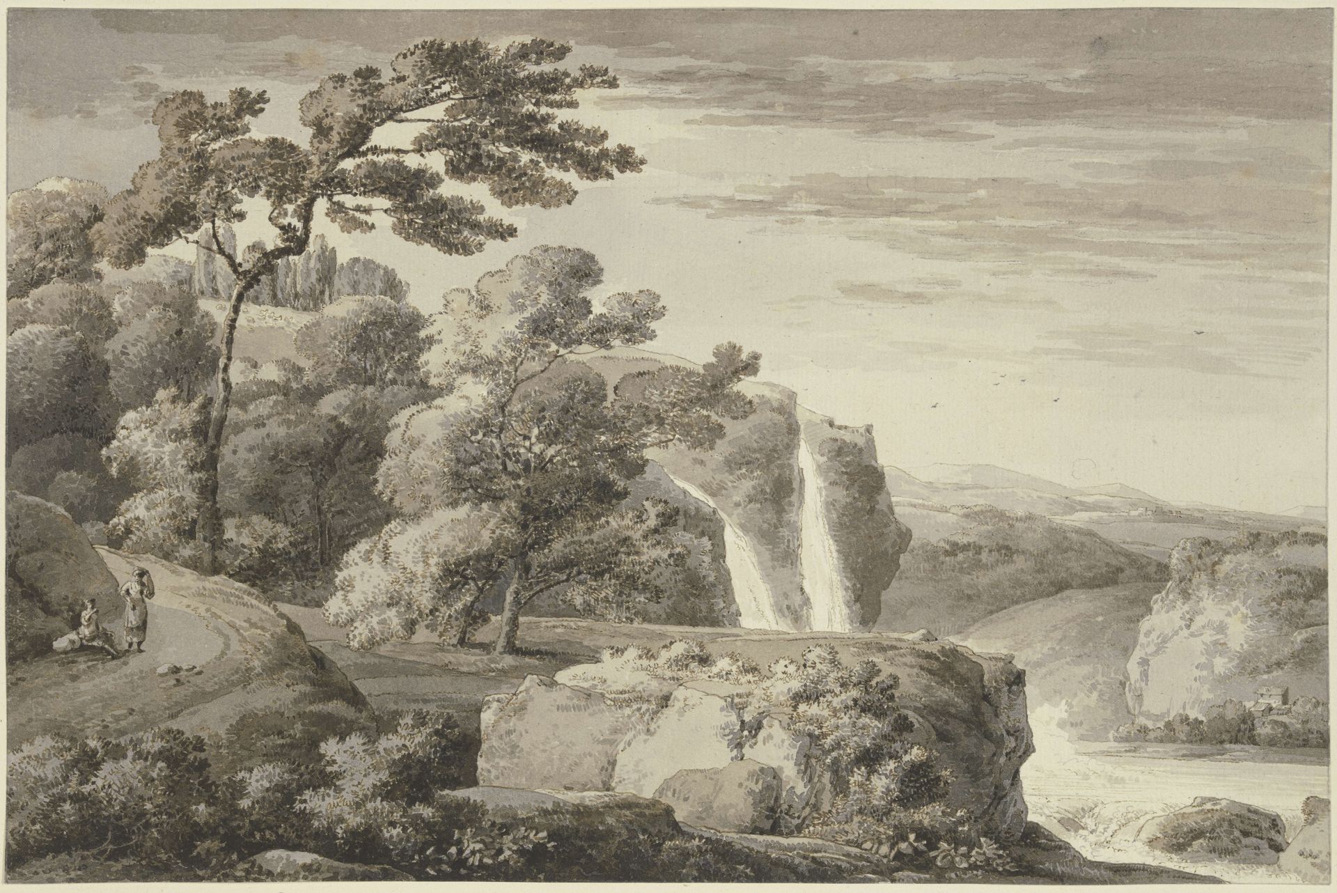 Gebirgslandschaft mit hohem Wasserfall by Franz Kobell