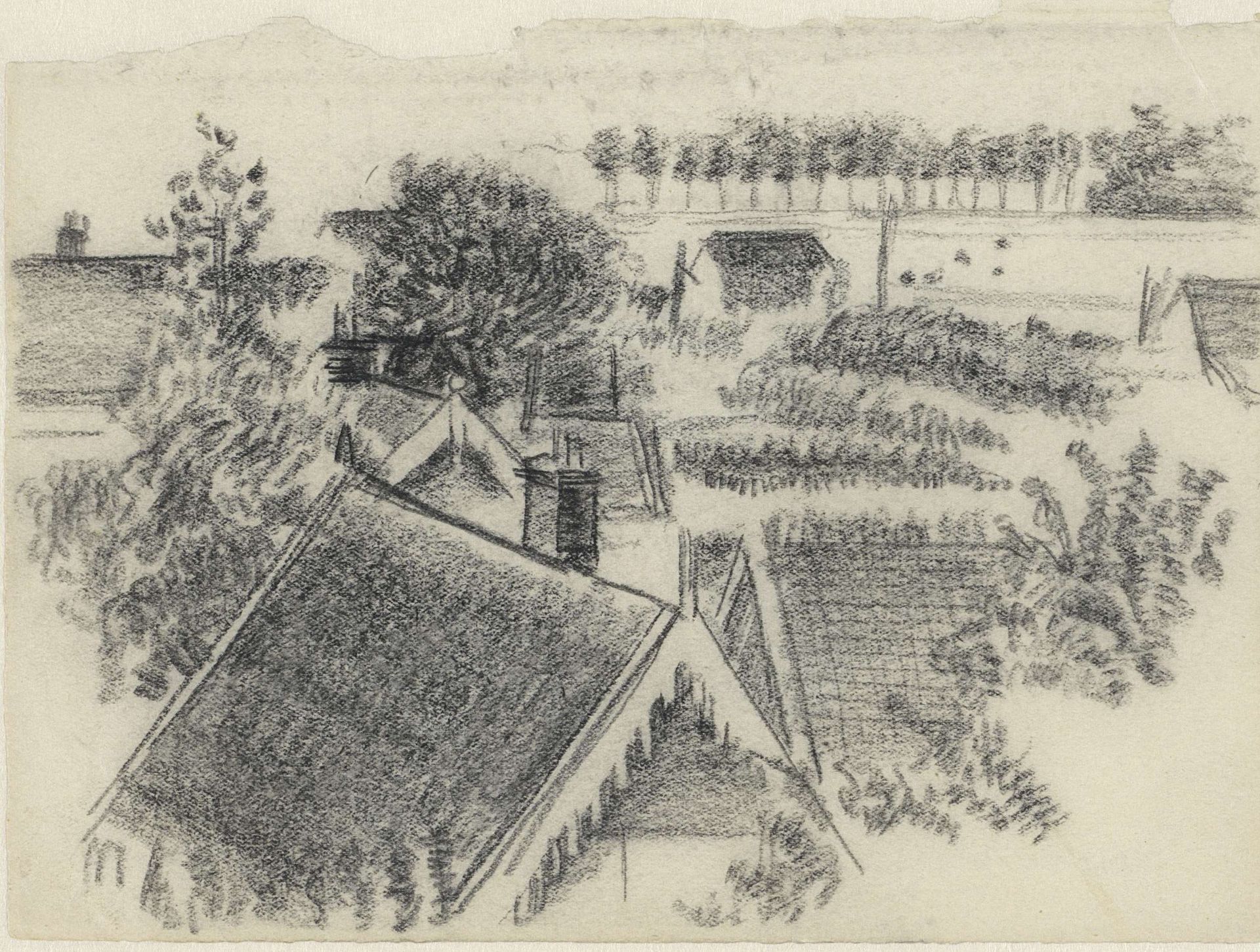 Landschap met huizen en een bomenrij by Henk Henriët