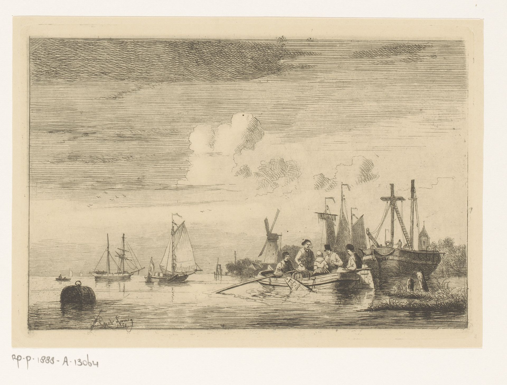 Riviergezicht met drijvende ton, een roeiboot en zeilboten by Egidius Linnig