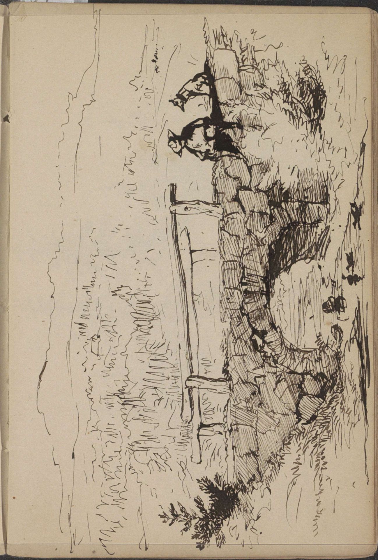 Berglandschap met een man en hond zittend op een stenen brug by Johannes Tavenraat