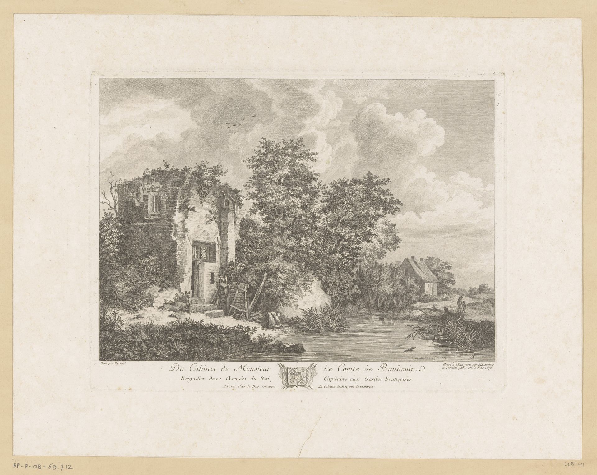 Vervallen huis aan een rivier by Louis Joseph Masquelier