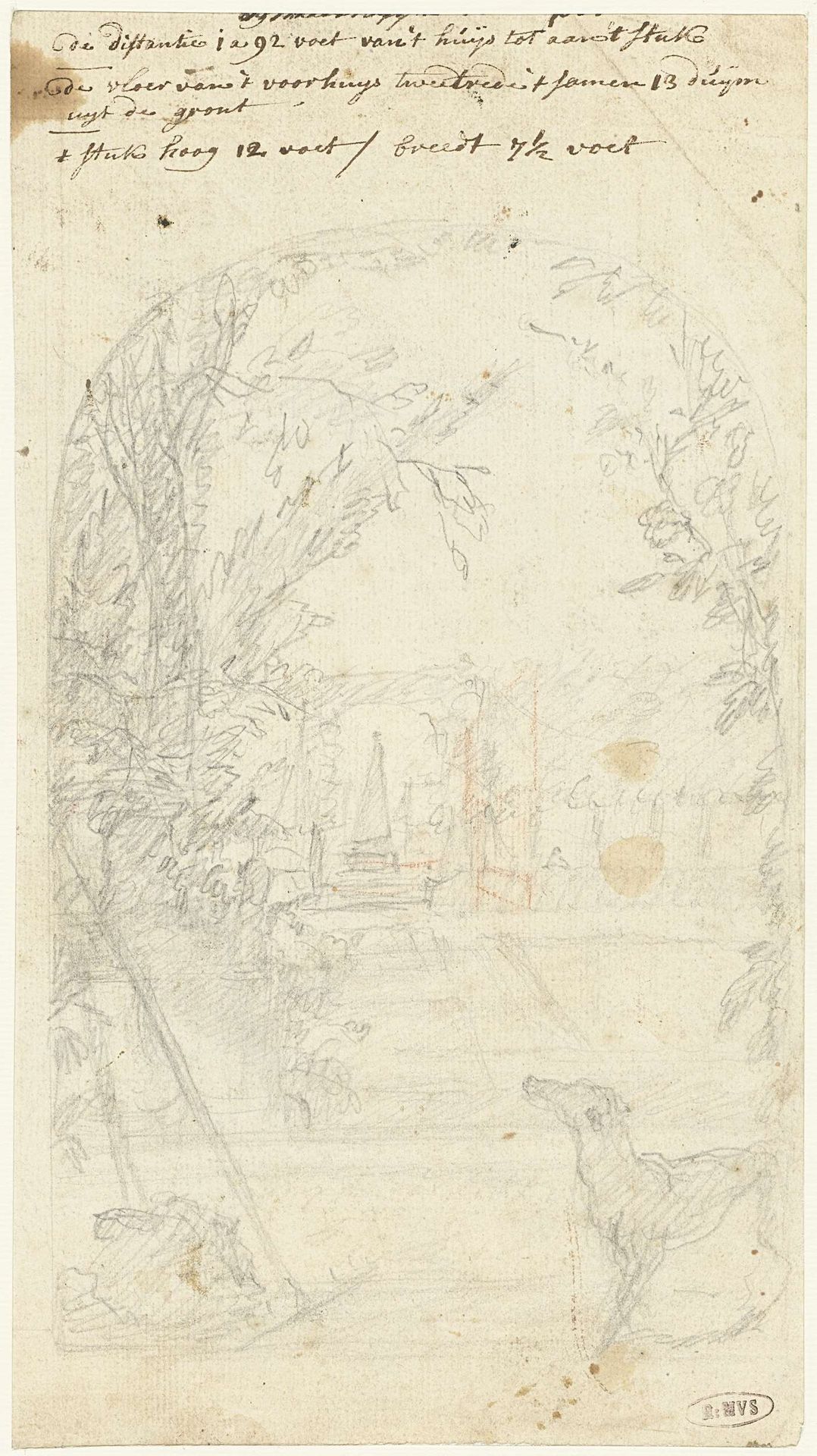 Ontwerp voor een tuingezicht met een hond en tuingereedschap by Dionys van Nijmegen