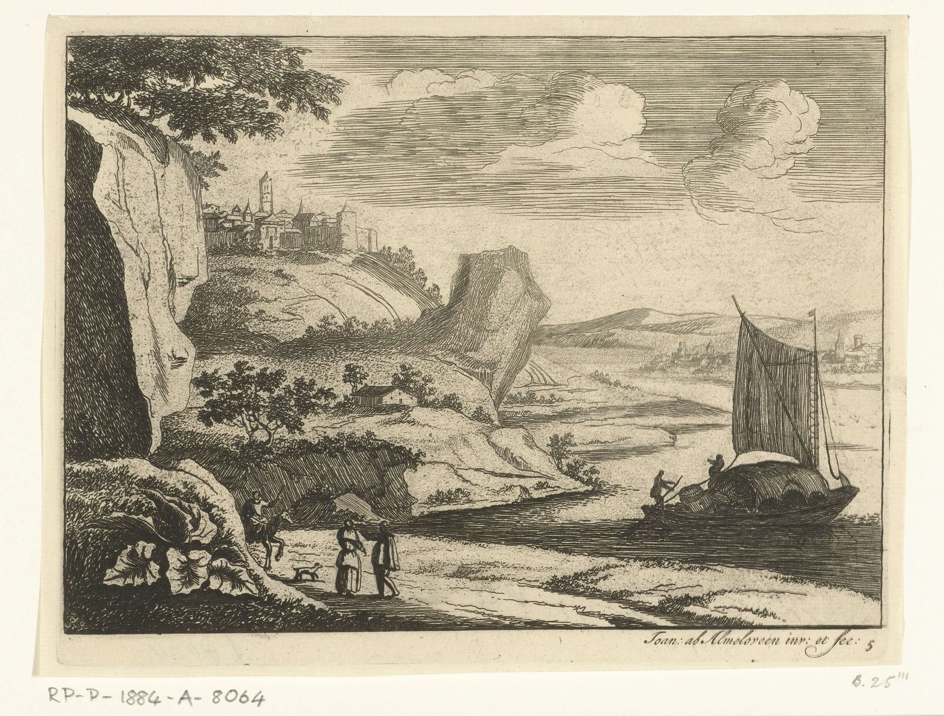 Rivierlandschap met zeilschip by Jan van Almeloveen