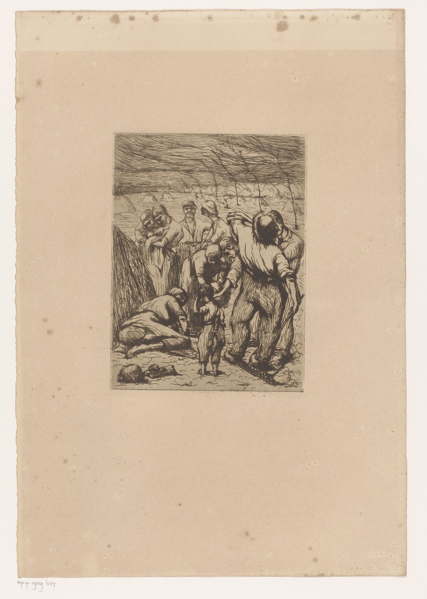 Landarbeiders op een veld met hooioppers by Eugène Laermans
