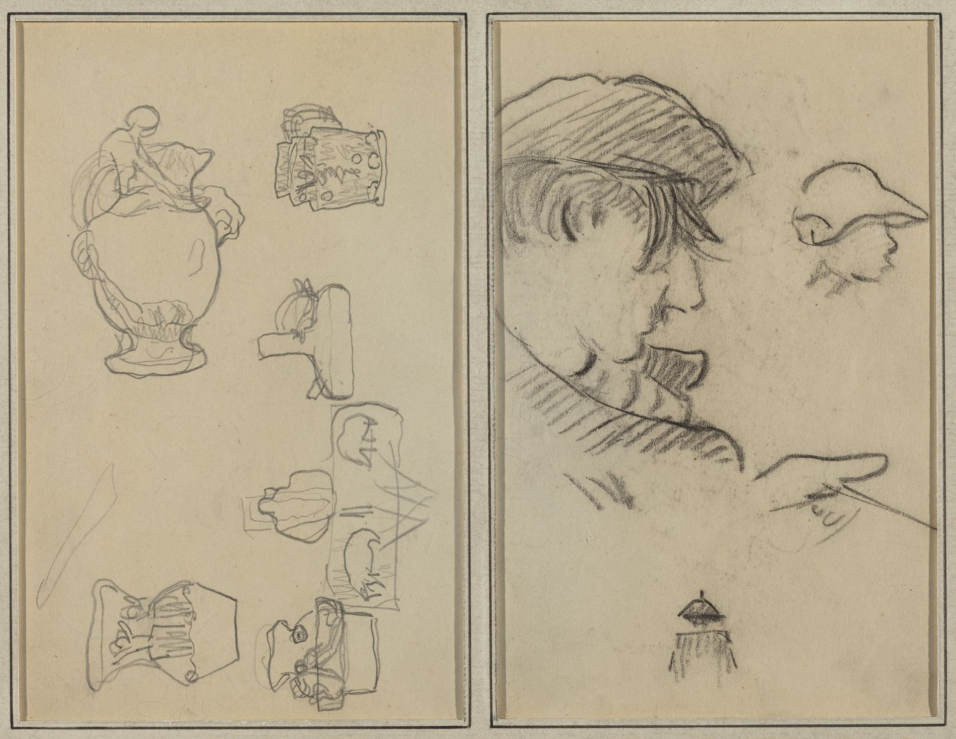 Studies of Jugs and Vases; A Man with Moustache and a Boy with a Hat [recto] by Paul Gauguin