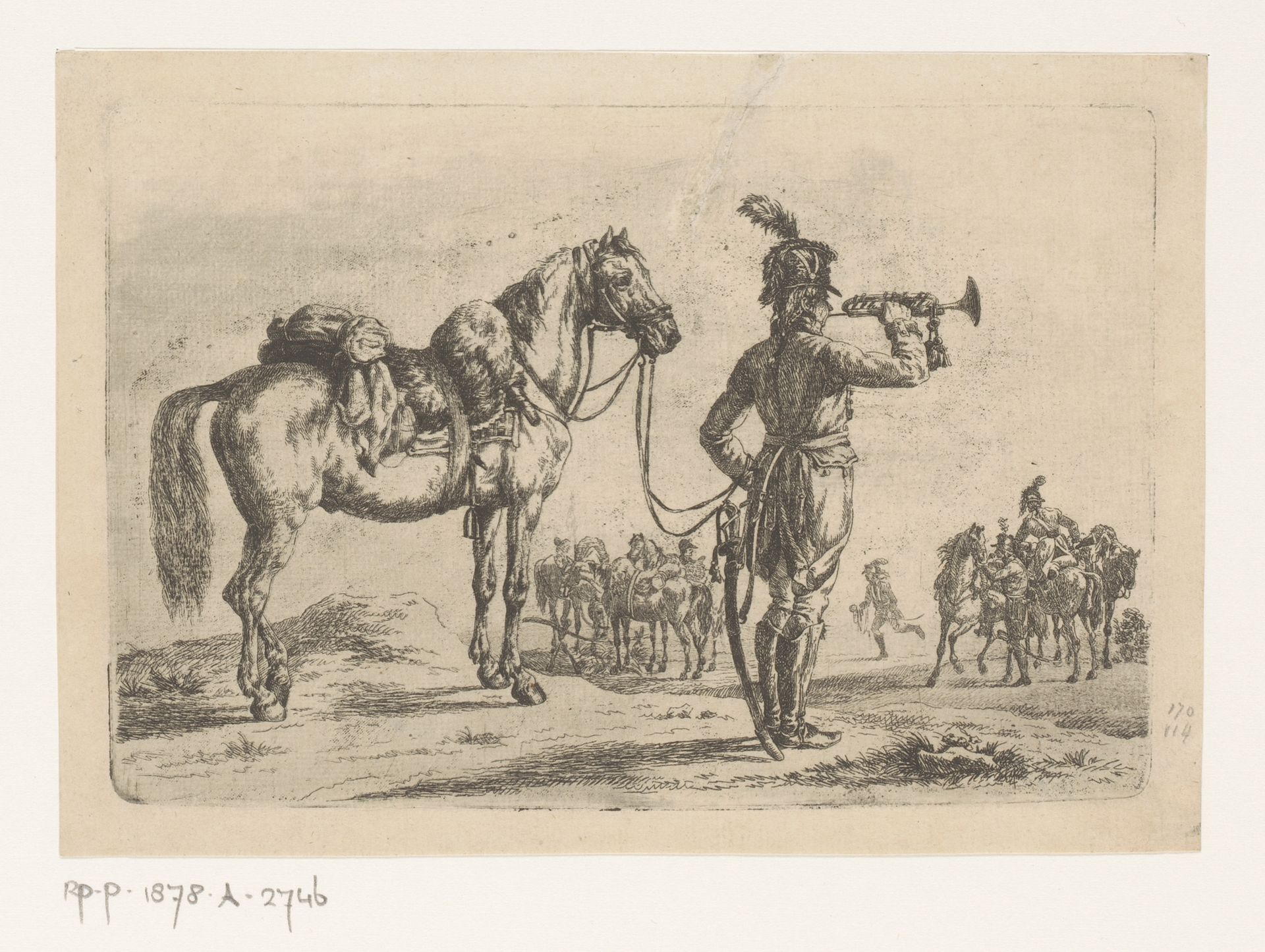 Afgestegen cavalerist blaast op een trompet by Pierre Jean Baptiste Leroy