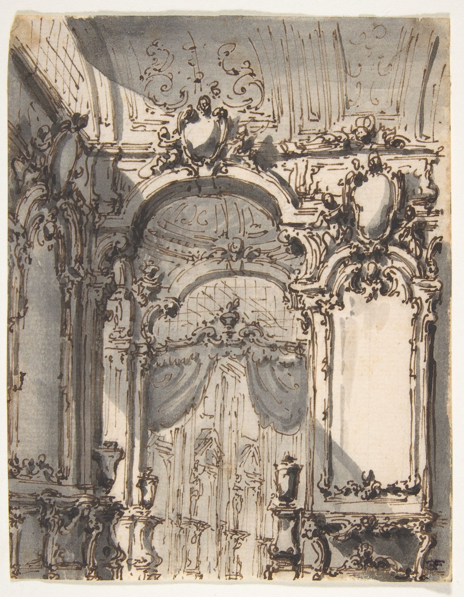 Design for a Stage Set:  Interior of a Palazzo Decorated with Large Mirrors and Console Tables by Giovanni Battista Natali III