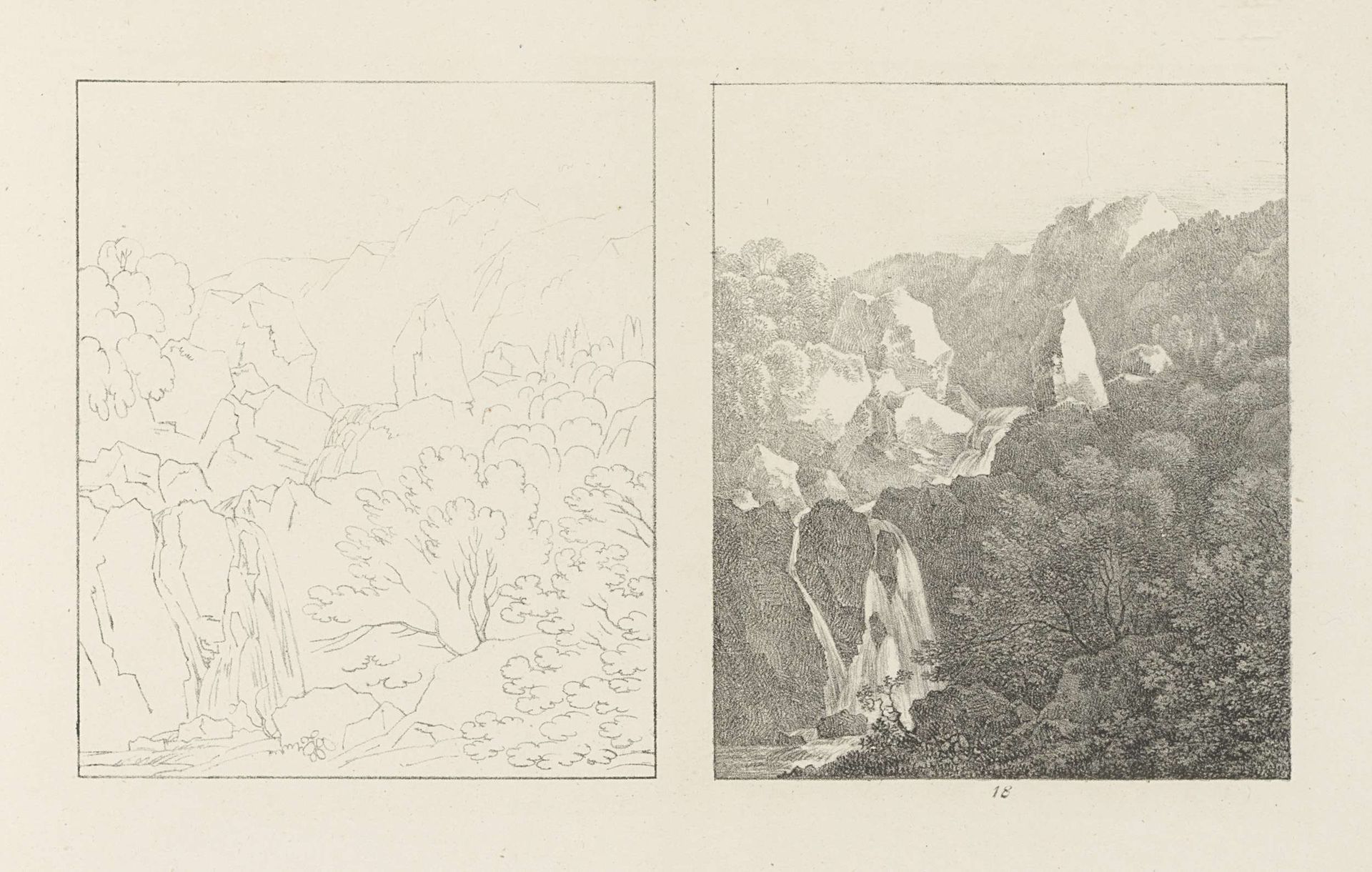 Albumblad met twee voorstellingen van een rotslandschap met waterval: links het ontwerp, rechts de uitvoering by Max Josef Wagenbauer