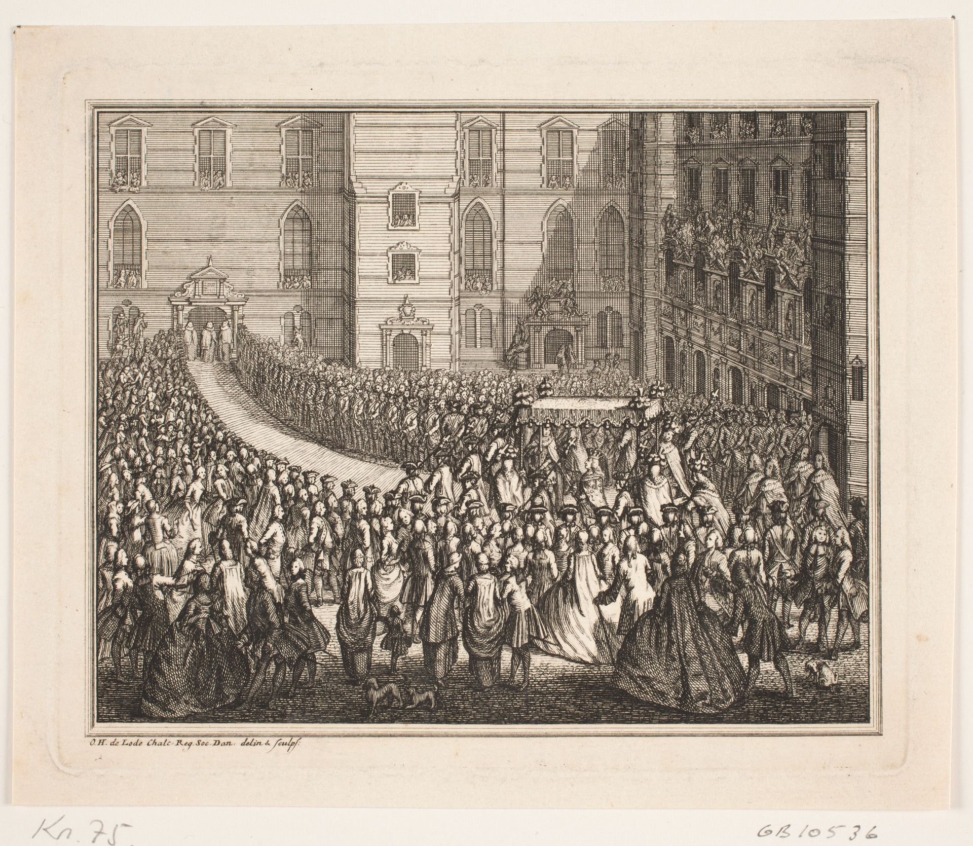 Kong Frederik V i procession til salvingshøjtidelighed i Frederiksborg Slotskirke. Illustration til Frederik d. IV's salvingsakt by Odvardt Helmoldt de Lode