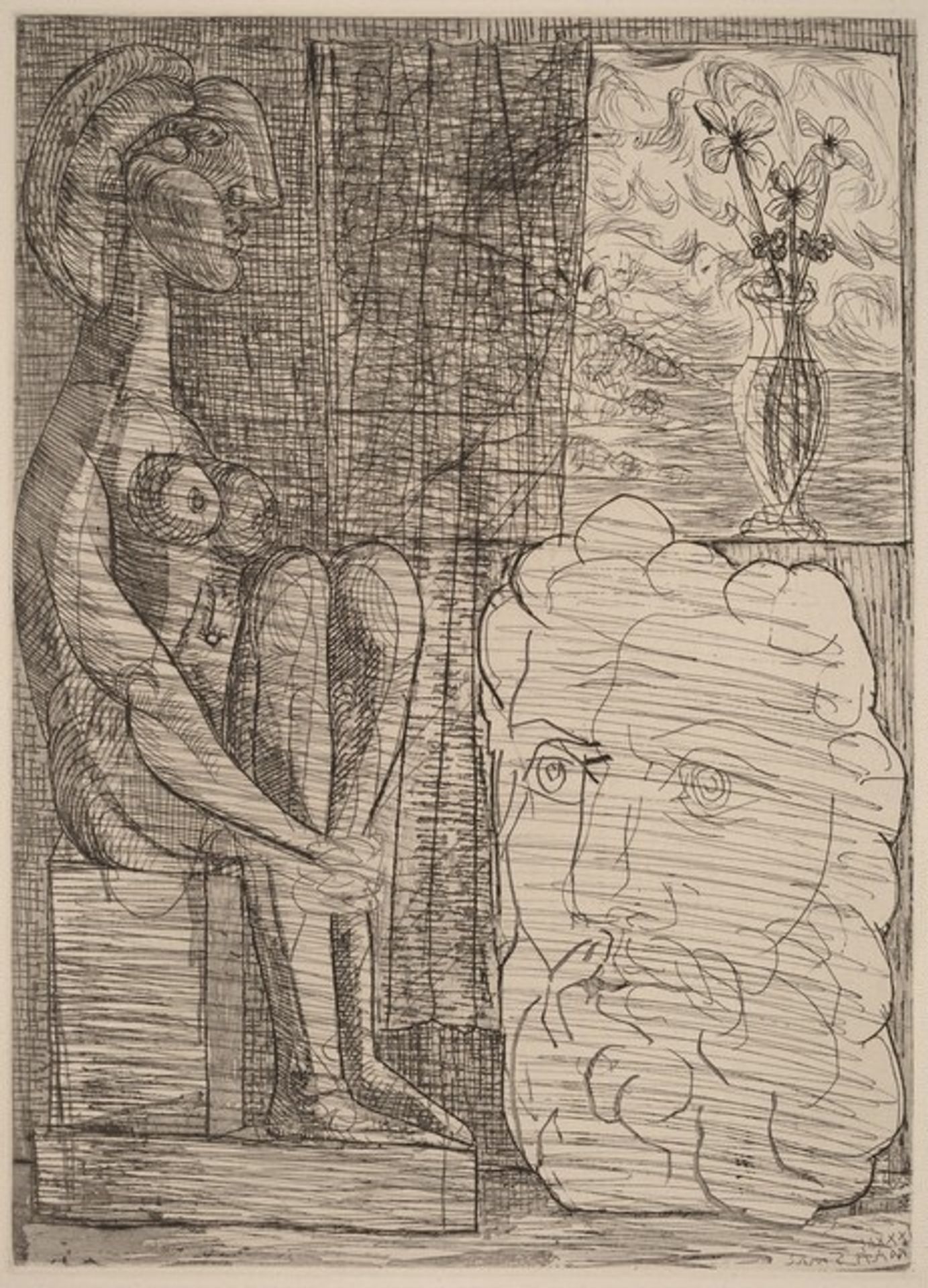 Sculptures Representing Marie-Thérèse and the Head of the Sculptor, with a Vase of Three Flowers (Sculptures représentant Marie-Thérèse et la tête du sculpteur, avec le vase aux trois fleurs) by Pablo Picasso
