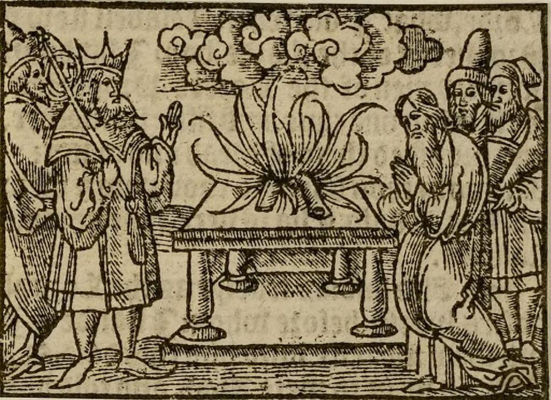 Illustration XLIV: Elijah confounds the prophets of Baal by putting their God to a challenge. Only Elijah's sacrifice to God is consumed by fire (III Kings 18: 25-40). by Anonymous