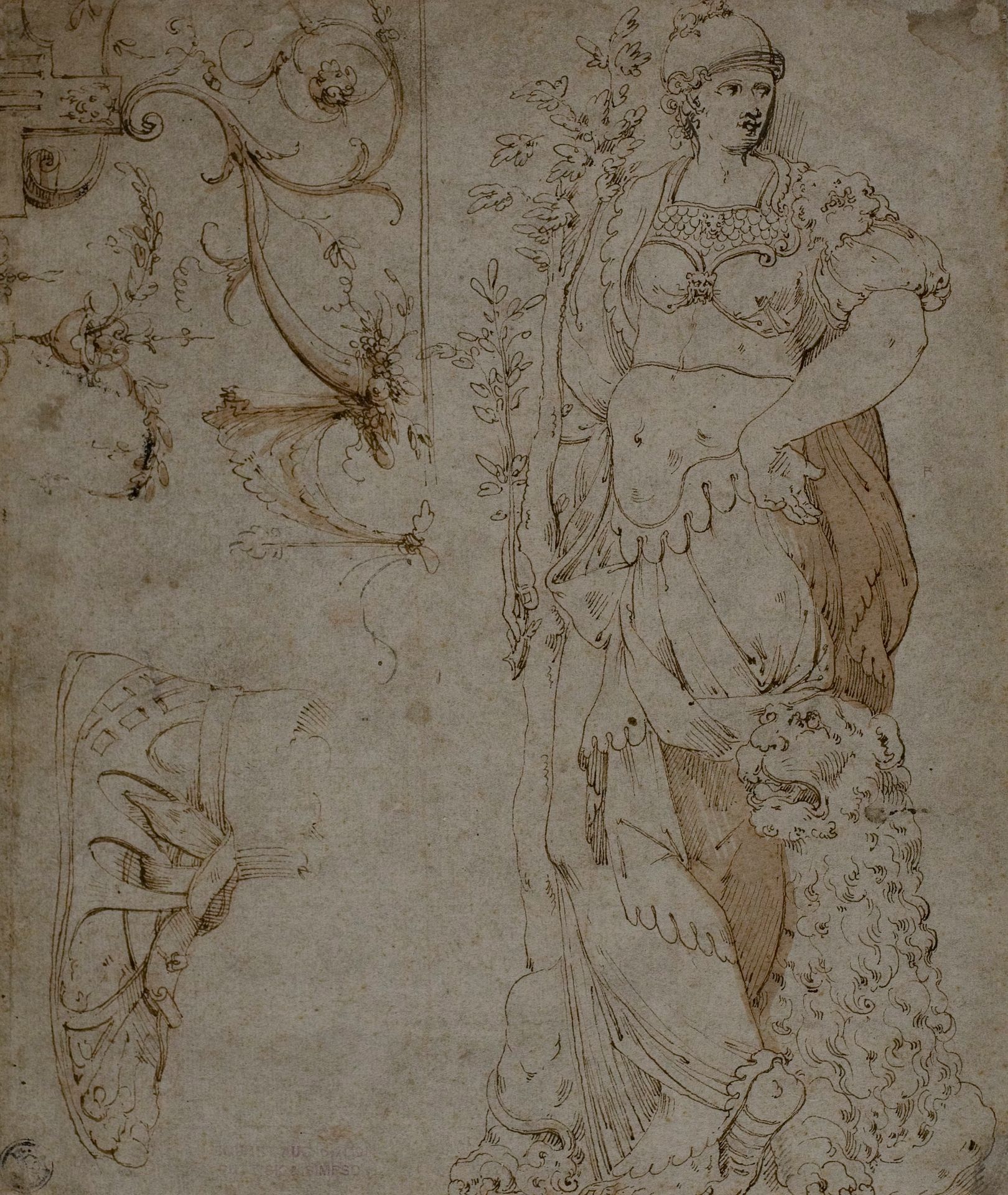 Three Sketches: Fortitude, a Sandal, and Grotesques (recto); Sketches of Grotesques, and Roman Cuirass (verso) by Anonymous