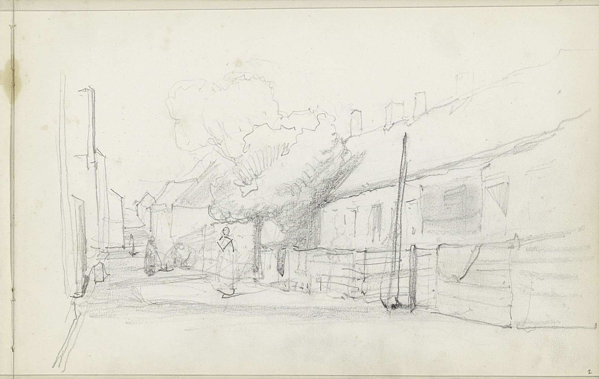 Figuren op een straat met rijtjeshuizen by Johannes Bosboom