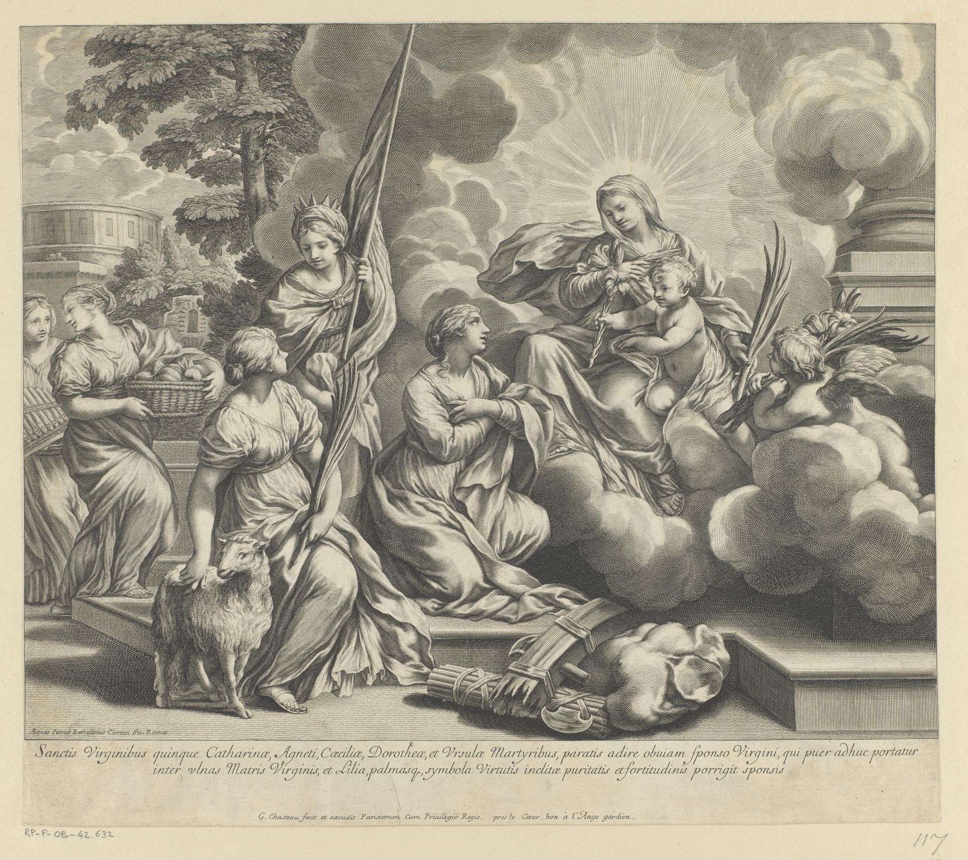 Maria en Kind overhandigen lelies en palmbladeren aan H. Catharina, H. Agnes, H. Ursula, H. Dorothea en H. Cecilia by Guillaume Chasteau