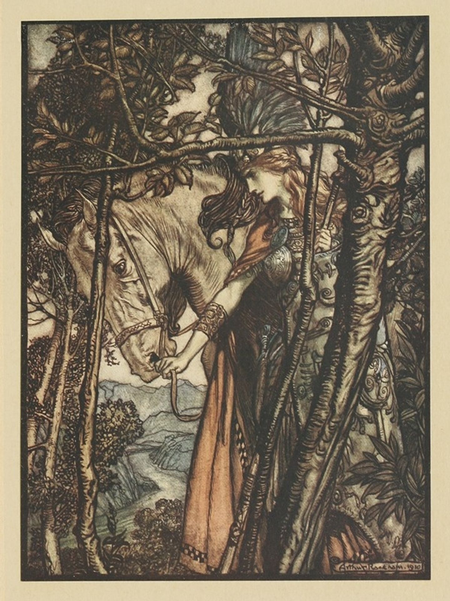 Brunnhilde slowly and silently leads her horse down the path to the cave by Arthur Rackham
