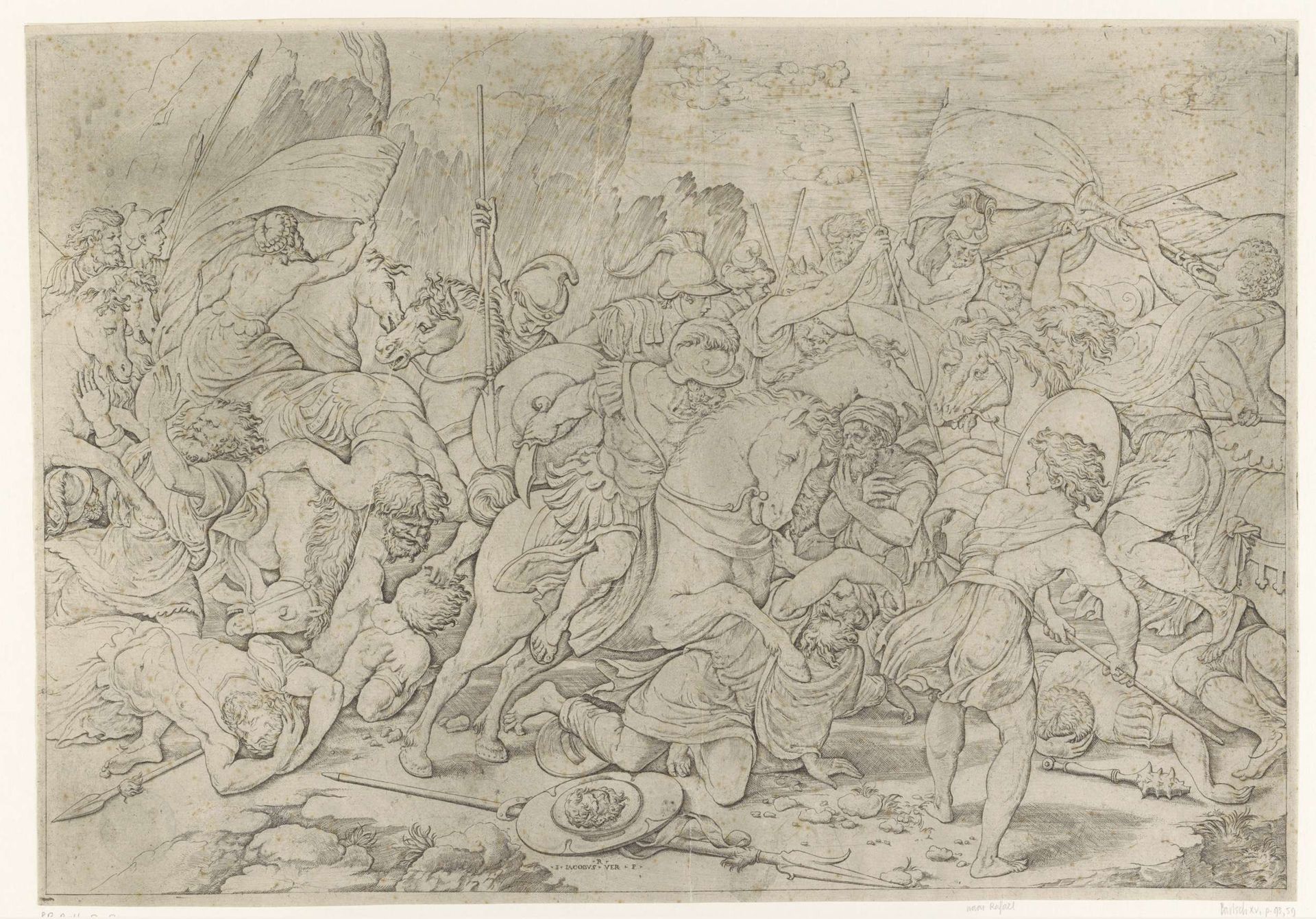 Gevecht met schilden en lansen by Giovanni Jacopo Caraglio
