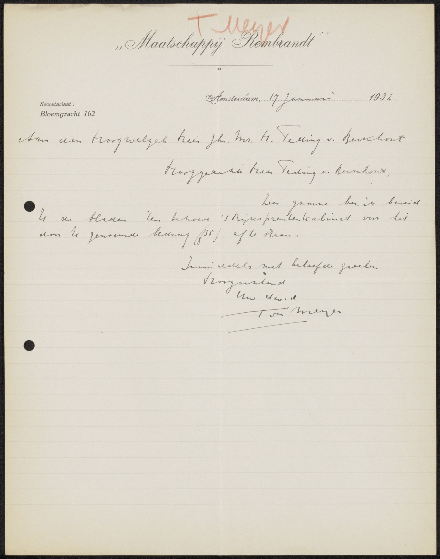 Brief aan jonkheer Hendrik Teding van Berkhout (1879-1969) by Ton Meyer